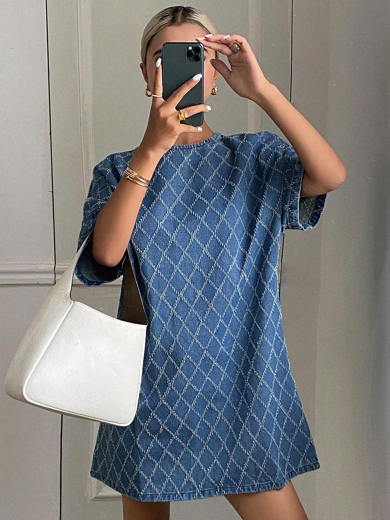 CM-DS391968 Women Casual Seoul Style Plaid Print Round Neck Short Sleeve Denim Dress - Blue