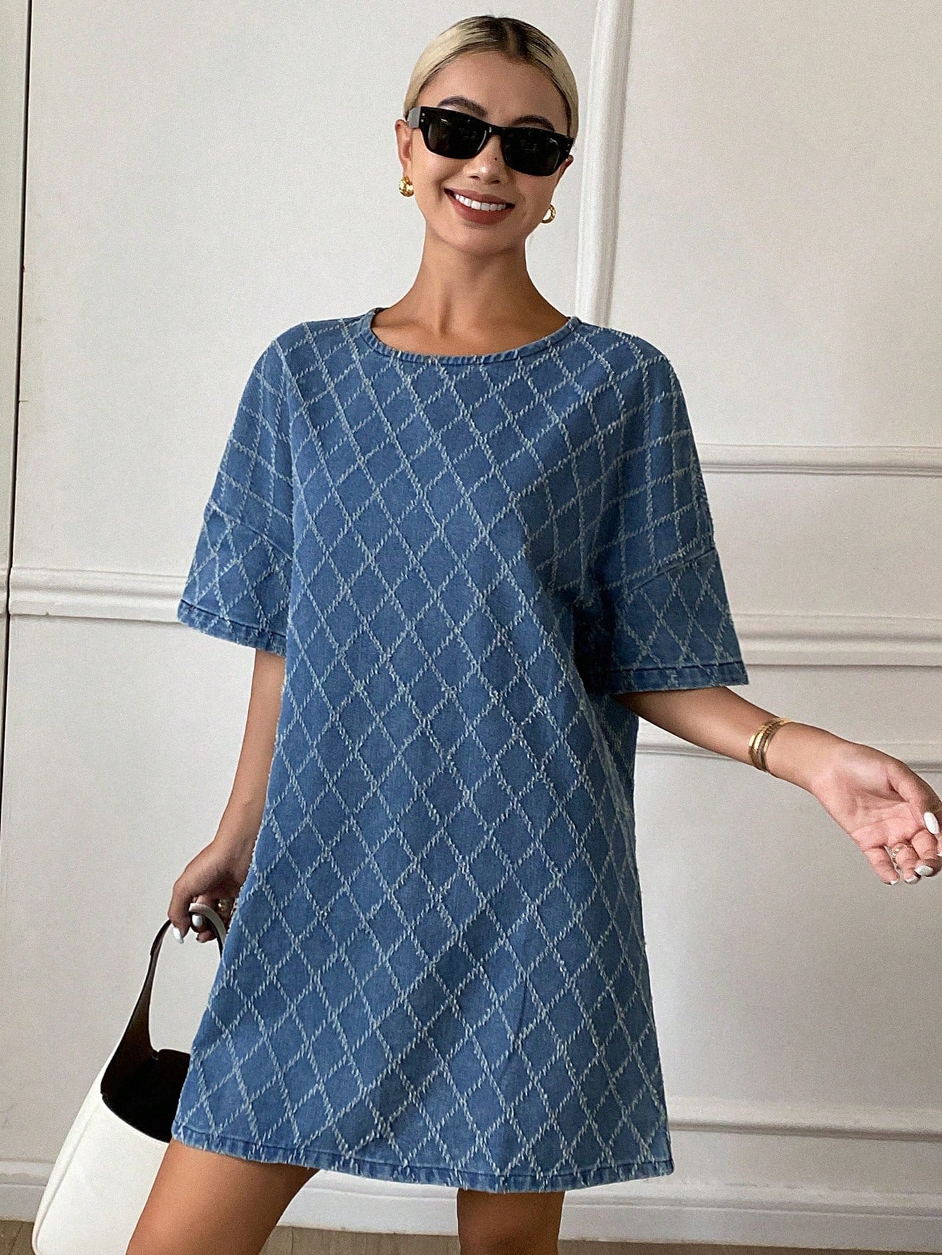 CM-DS391968 Women Casual Seoul Style Plaid Print Round Neck Short Sleeve Denim Dress - Blue