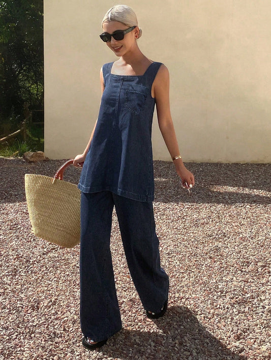 CM-SS768996 Women Casual Seoul Style Straps Neckline Sleeveless Long Top With Wide Leg Pants - Set