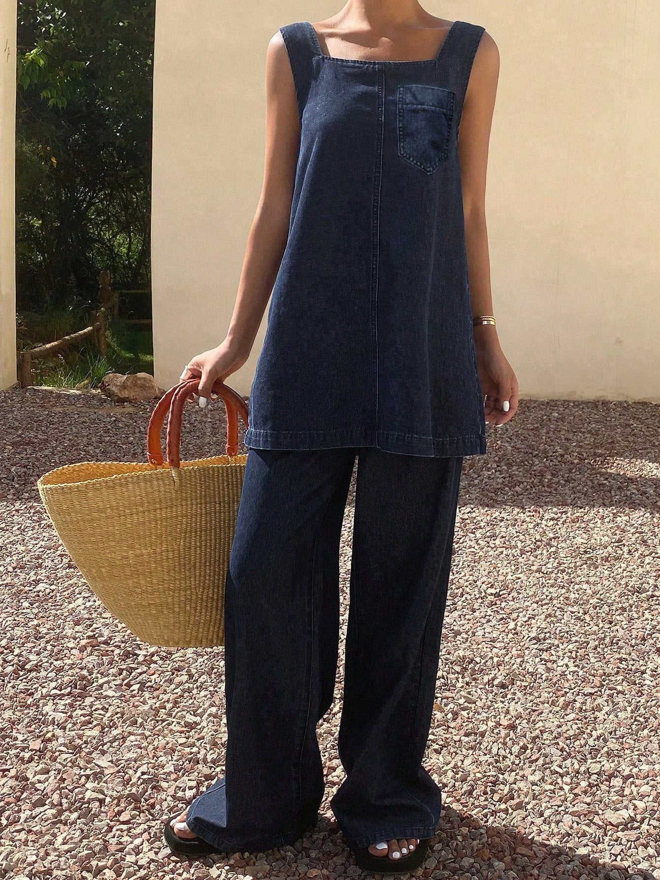 CM-SS768996 Women Casual Seoul Style Straps Neckline Sleeveless Long Top With Wide Leg Pants - Set