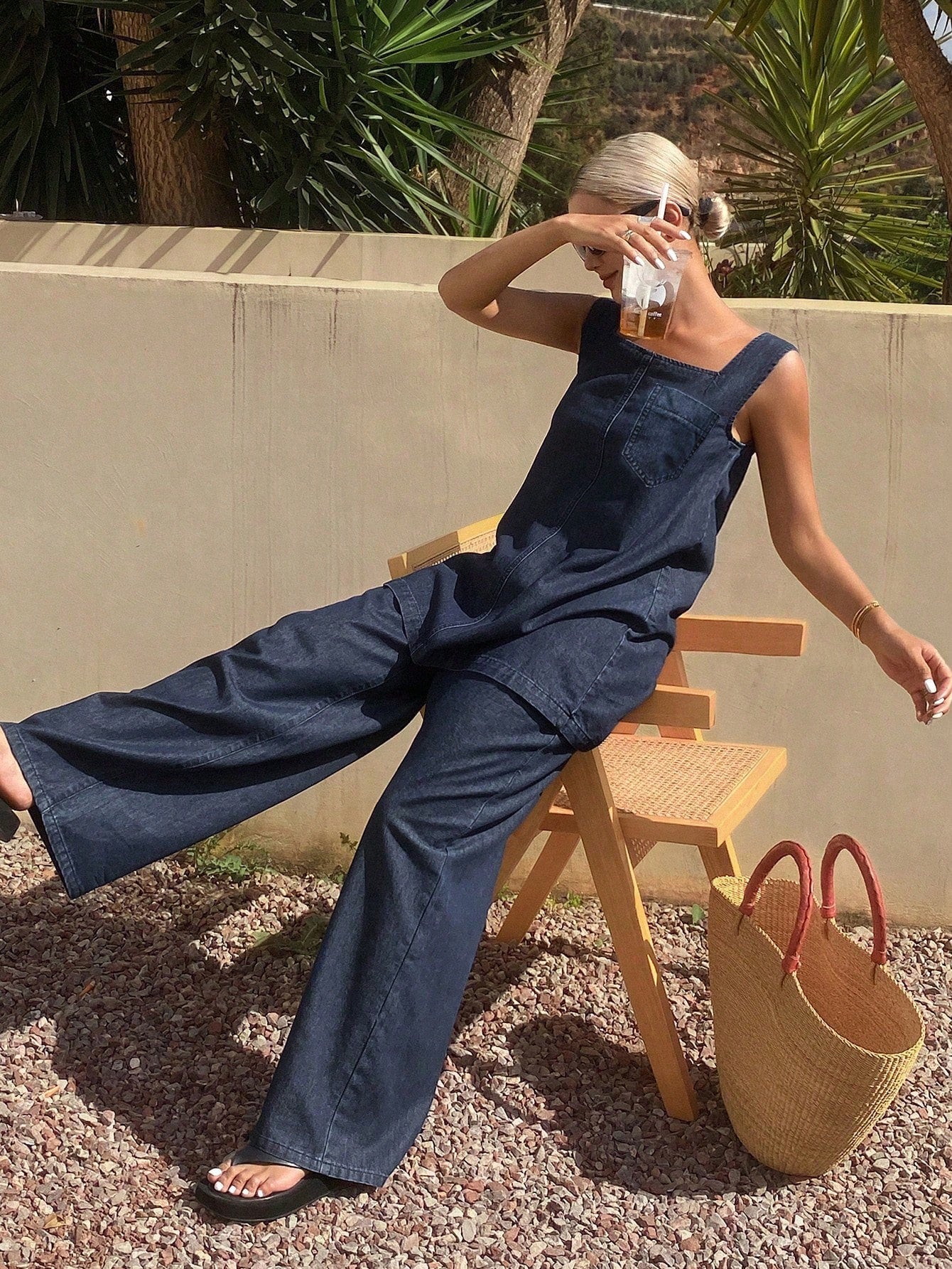 CM-SS768996 Women Casual Seoul Style Straps Neckline Sleeveless Long Top With Wide Leg Pants - Set