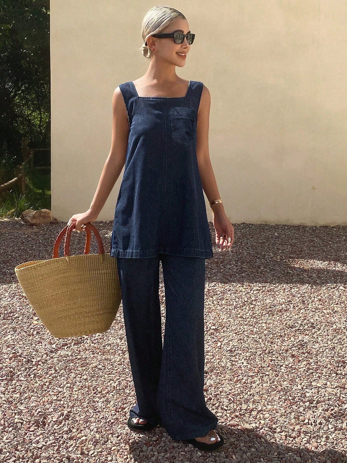 CM-SS768996 Women Casual Seoul Style Straps Neckline Sleeveless Long Top With Wide Leg Pants - Set