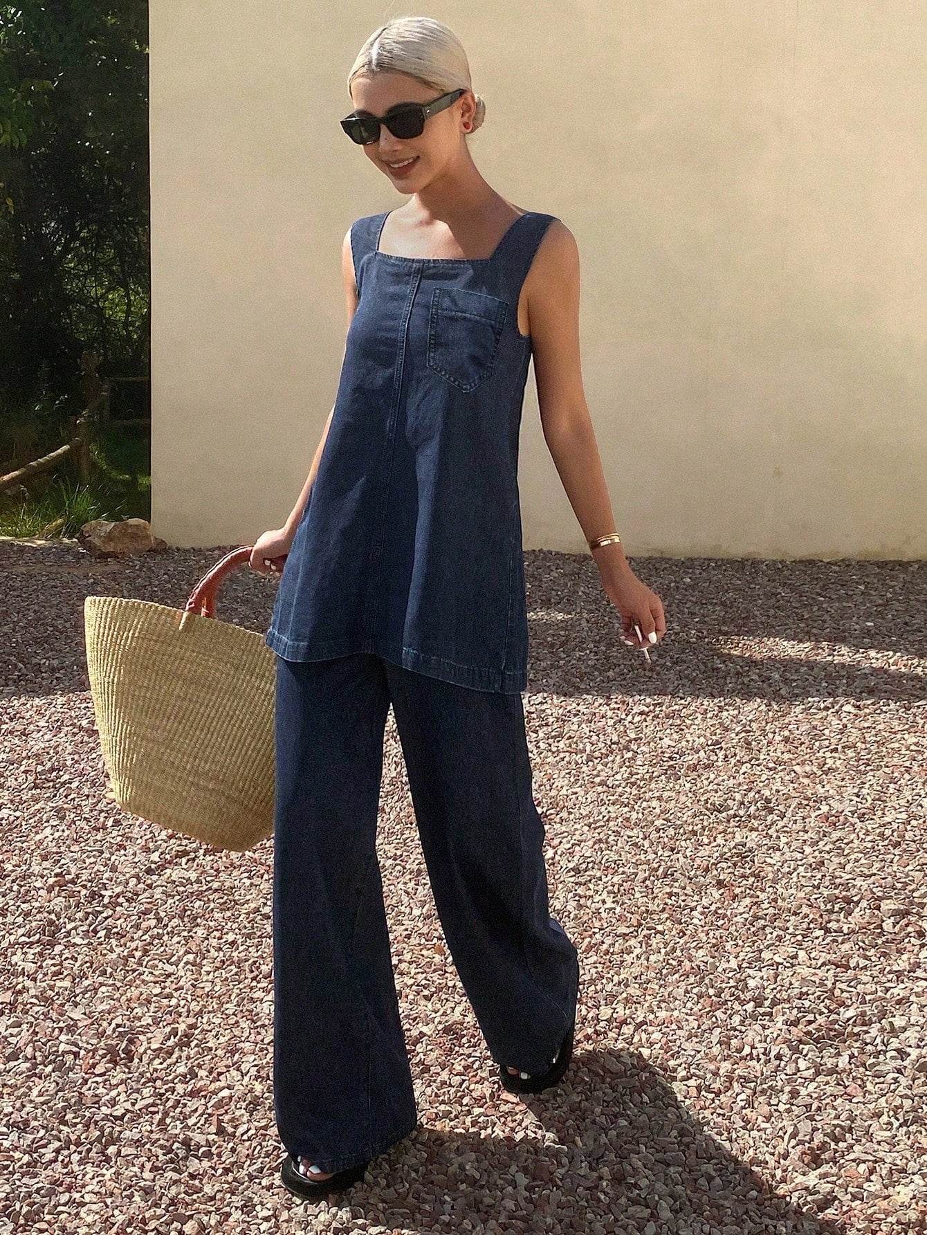CM-SS768996 Women Casual Seoul Style Straps Neckline Sleeveless Long Top With Wide Leg Pants - Set