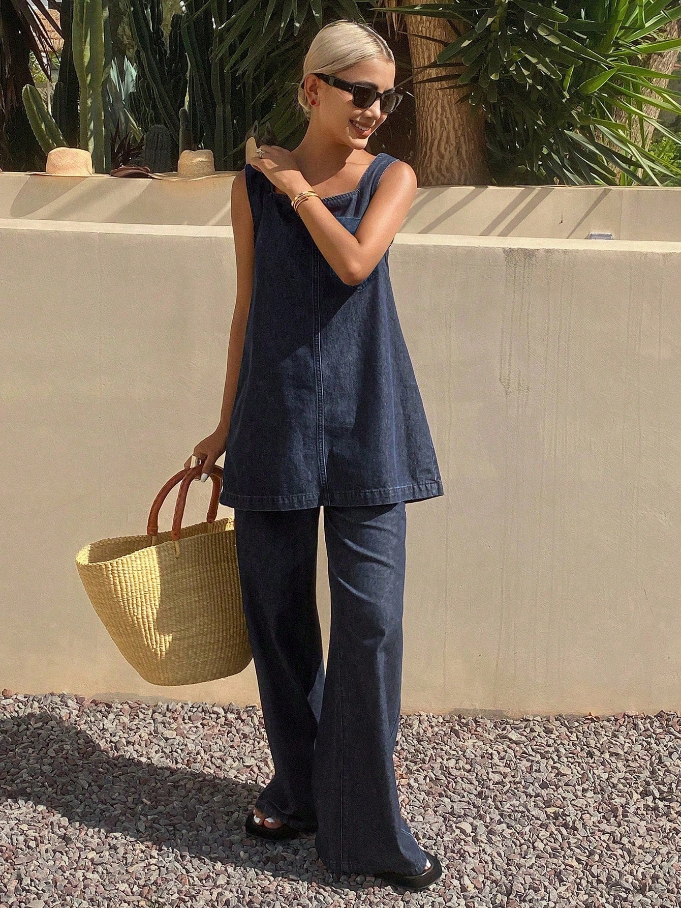 CM-SS768996 Women Casual Seoul Style Straps Neckline Sleeveless Long Top With Wide Leg Pants - Set