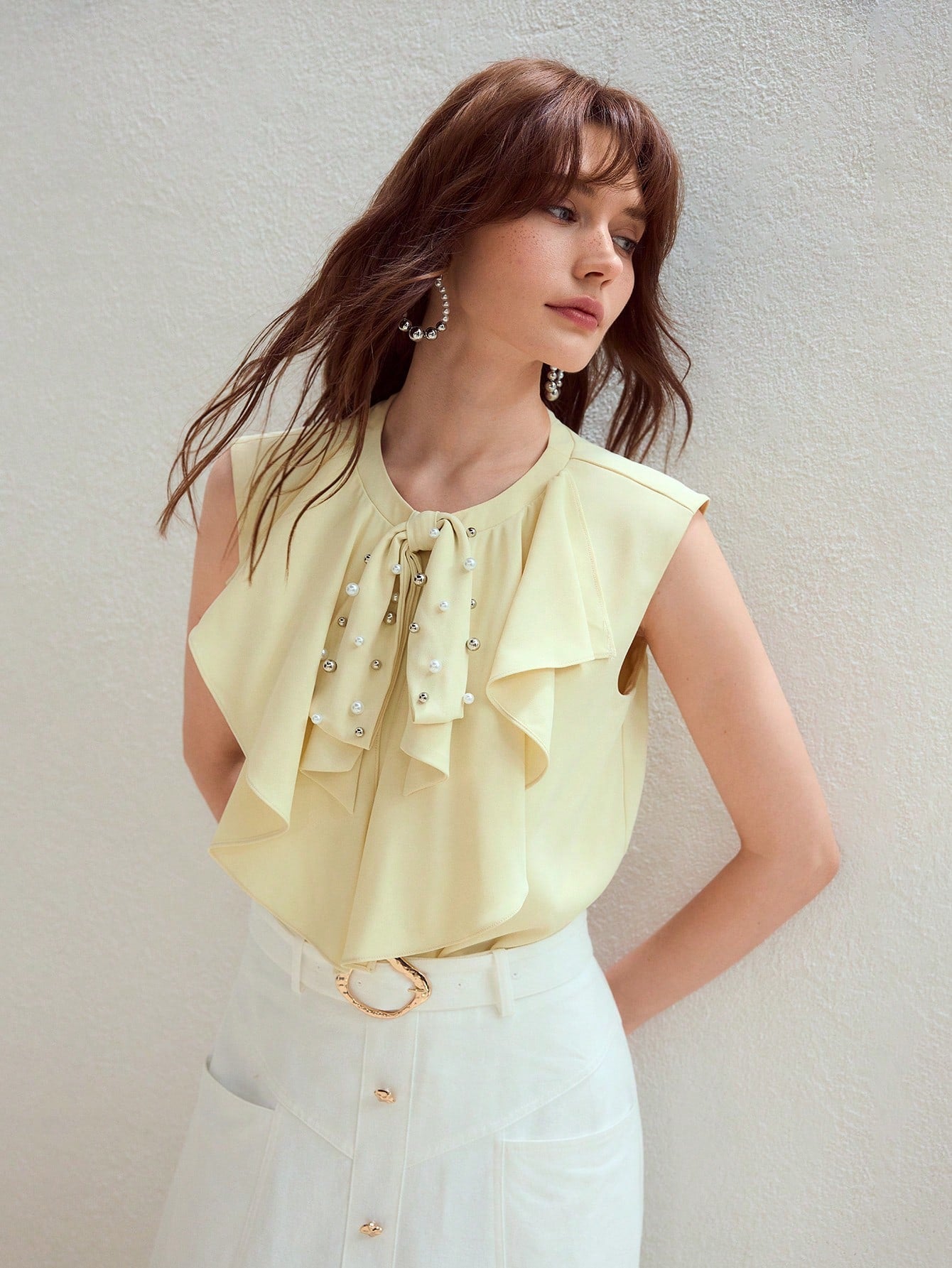 CM-TS416366 Women Elegant Seoul Style Round Neck Sleeveless Faux Pearl And Beaded Detail Ruffle Trim Top