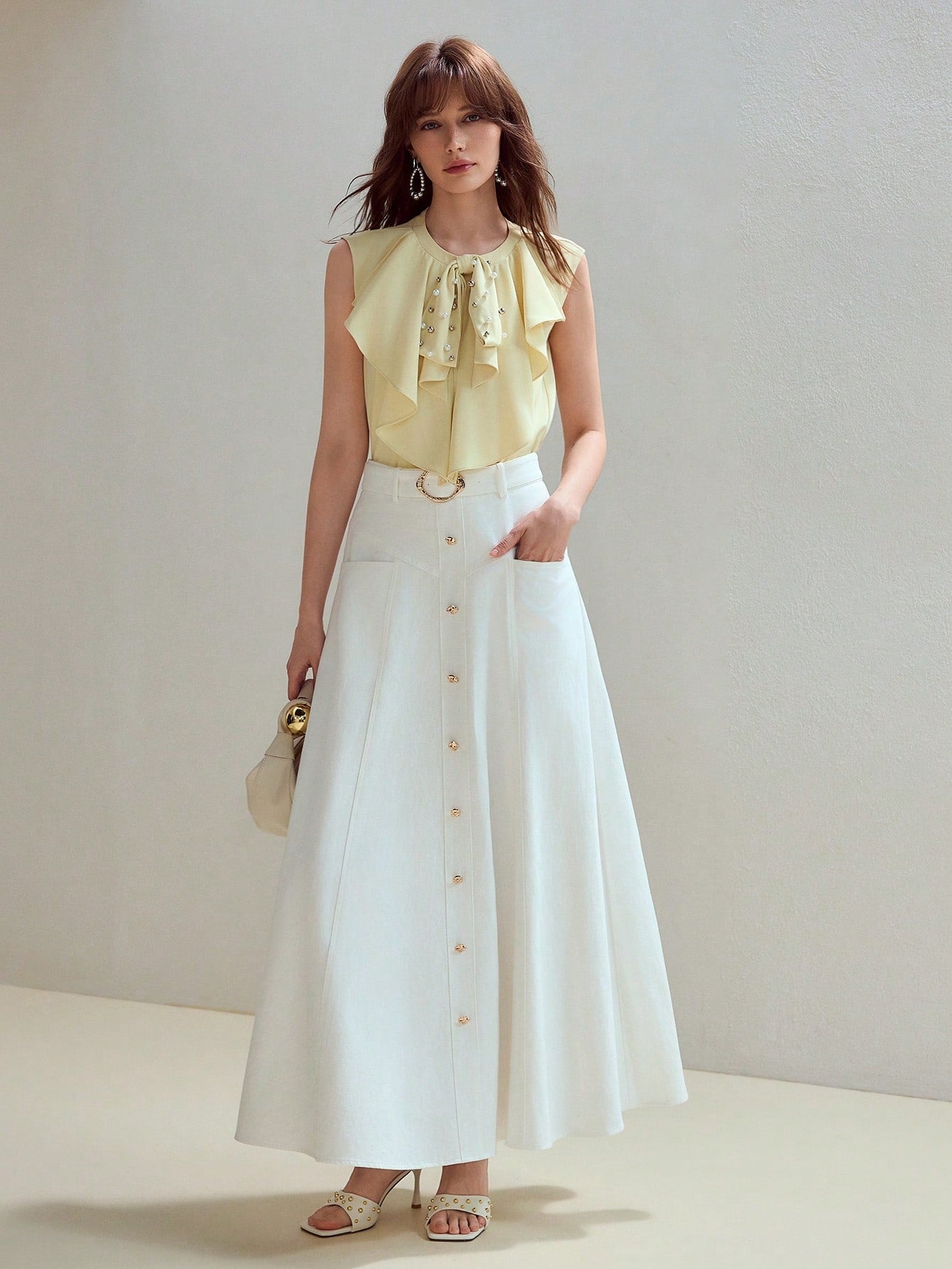 CM-TS416366 Women Elegant Seoul Style Round Neck Sleeveless Faux Pearl And Beaded Detail Ruffle Trim Top
