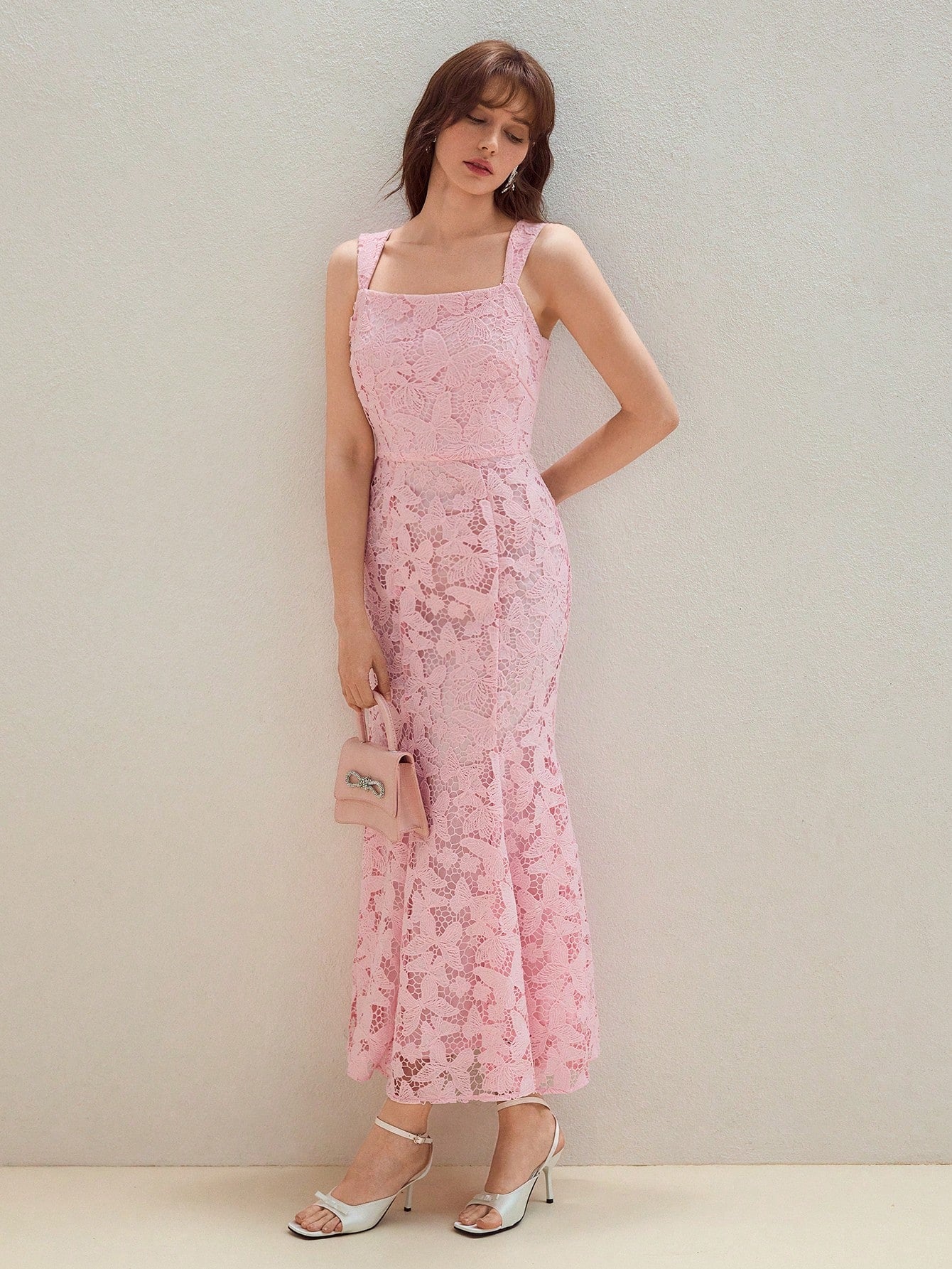 CM-DS803727 Women Elegant Seoul Style Spaghetti Strap Sleeveless Guipure Lace Mermaid Dress - Pink