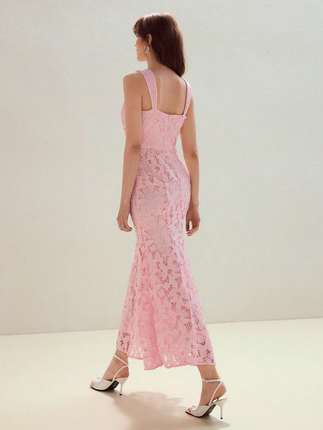 CM-DS803727 Women Elegant Seoul Style Spaghetti Strap Sleeveless Guipure Lace Mermaid Dress - Pink
