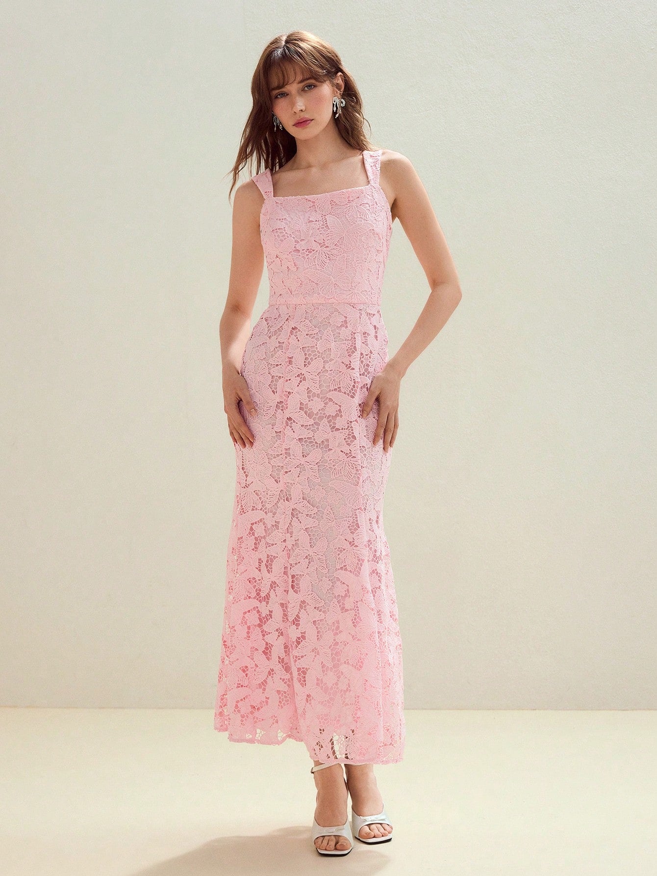 CM-DS803727 Women Elegant Seoul Style Spaghetti Strap Sleeveless Guipure Lace Mermaid Dress - Pink