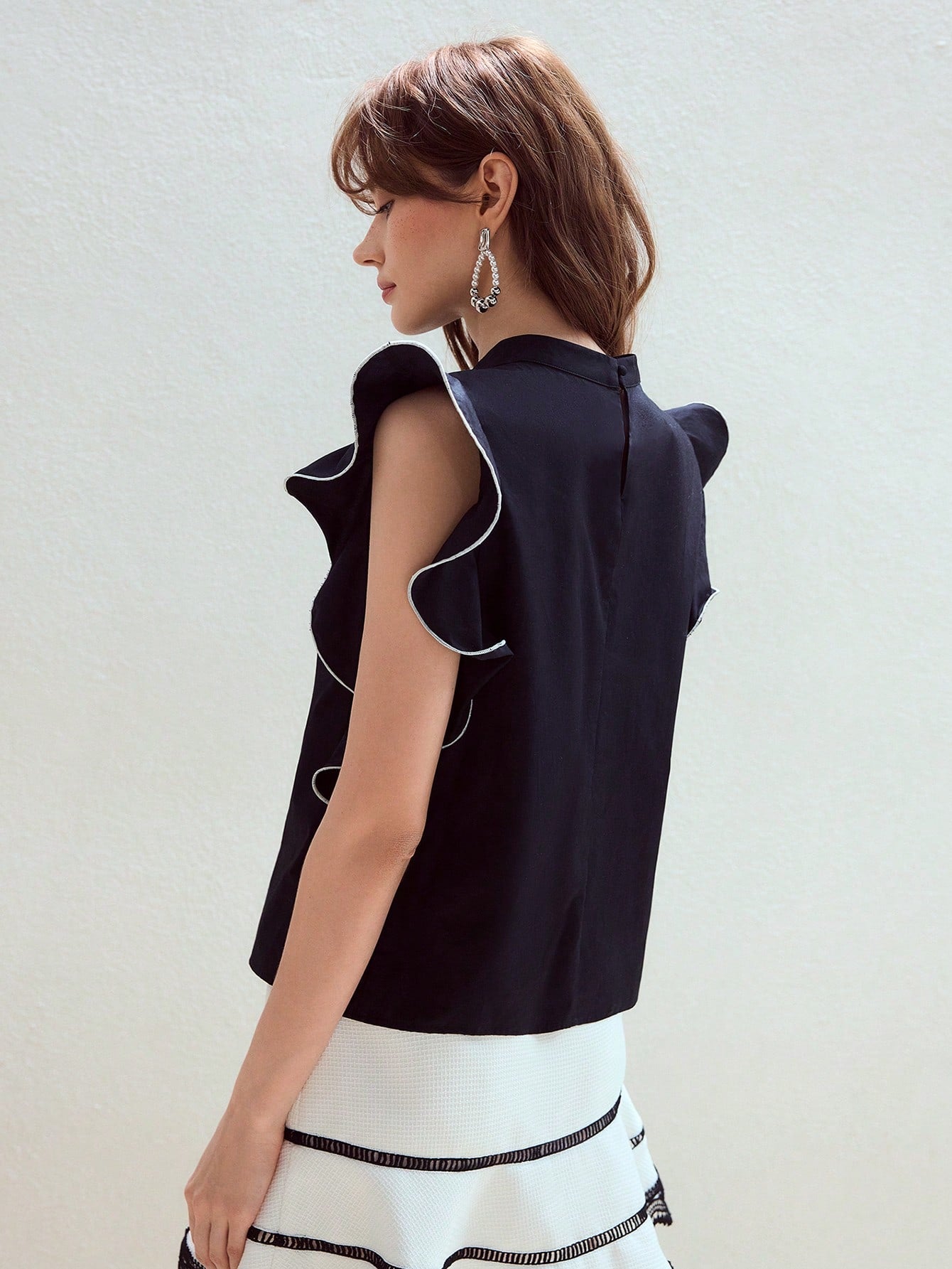 CM-TS767870 Women Elegant Seoul Style Contrast Trim Ruffle Detail Stand Collar Cap Sleeve Top - Black