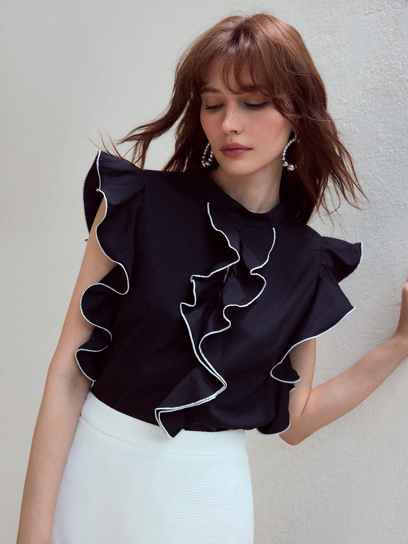 CM-TS767870 Women Elegant Seoul Style Contrast Trim Ruffle Detail Stand Collar Cap Sleeve Top - Black