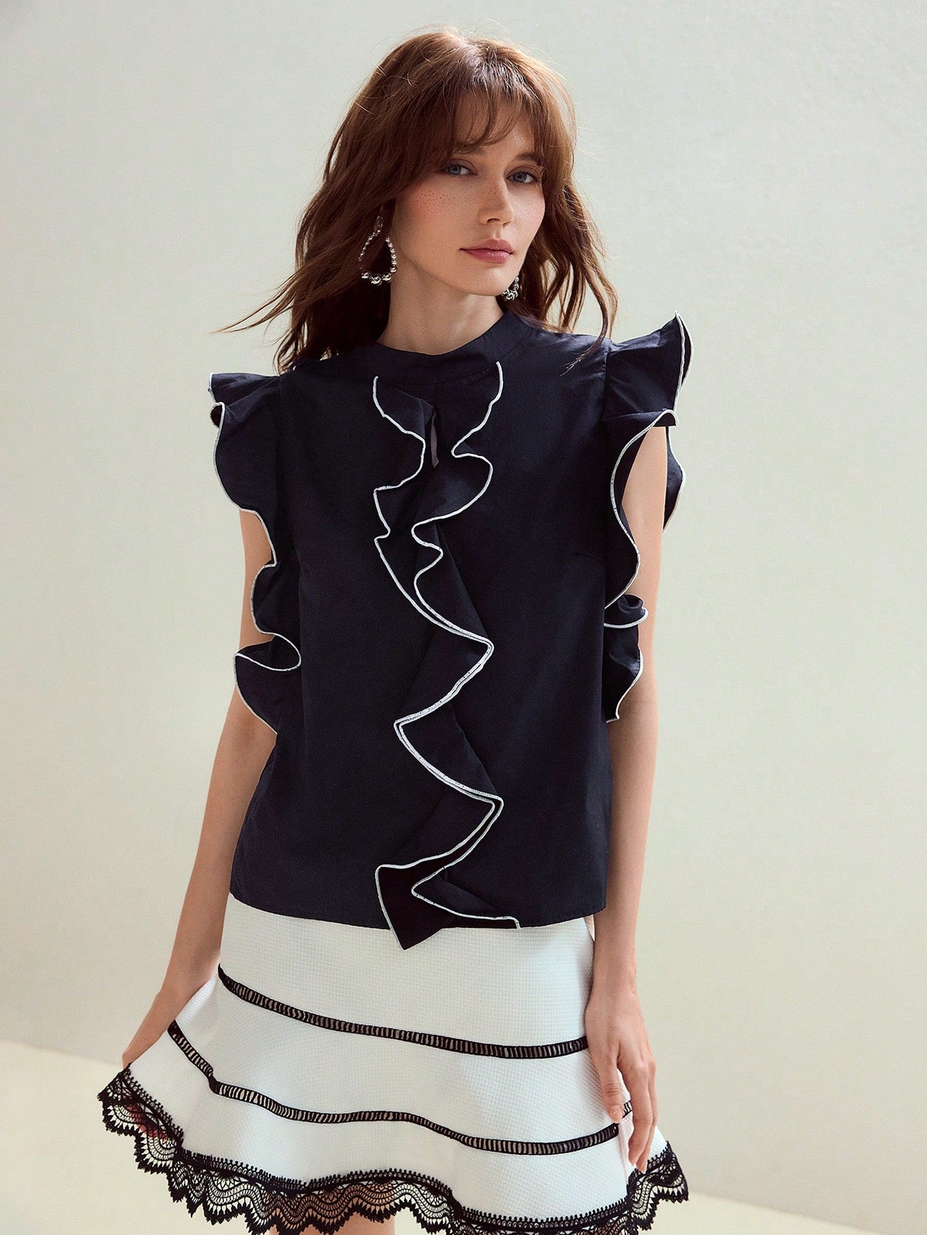 CM-TS767870 Women Elegant Seoul Style Contrast Trim Ruffle Detail Stand Collar Cap Sleeve Top - Black