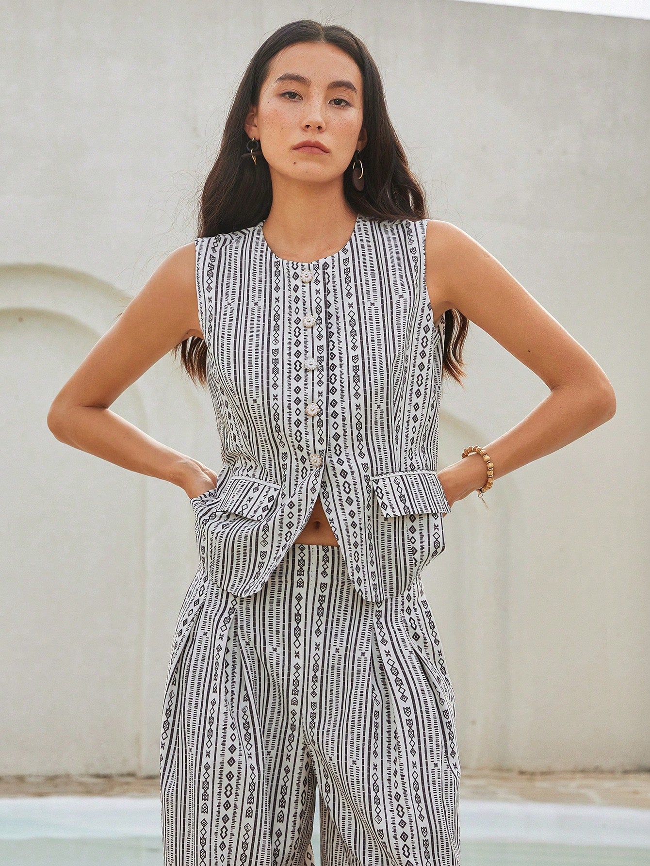 CM-SS909215 Women Trendy Bohemian Style Striped And Diamond Pattern Knit Vest With Straight Leg Pants - Set
