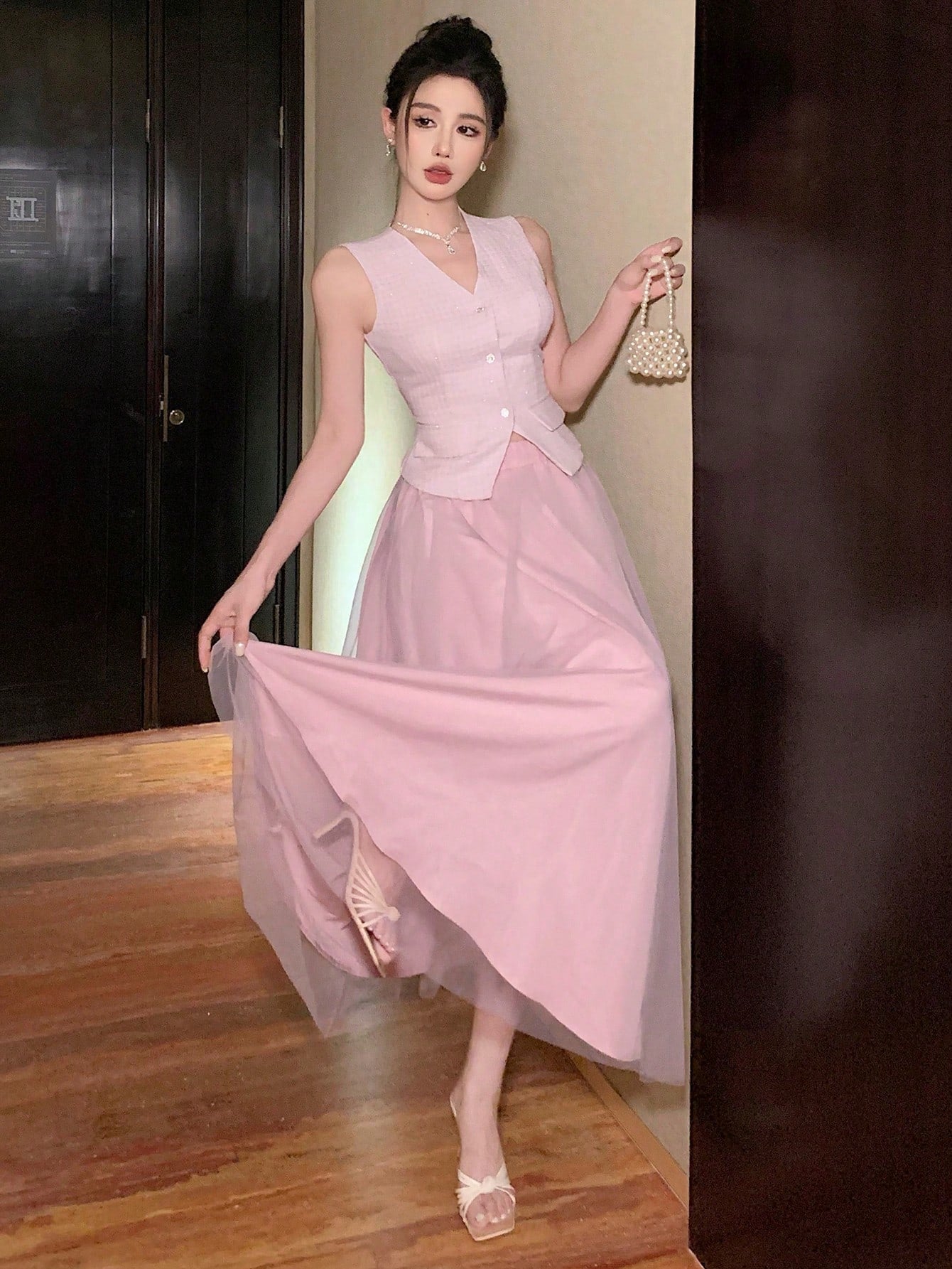 CM-SS459134 Women Elegant Seoul Style Plaid Fitted Vest With Mesh Patchwork Pencil Skirt - Set
