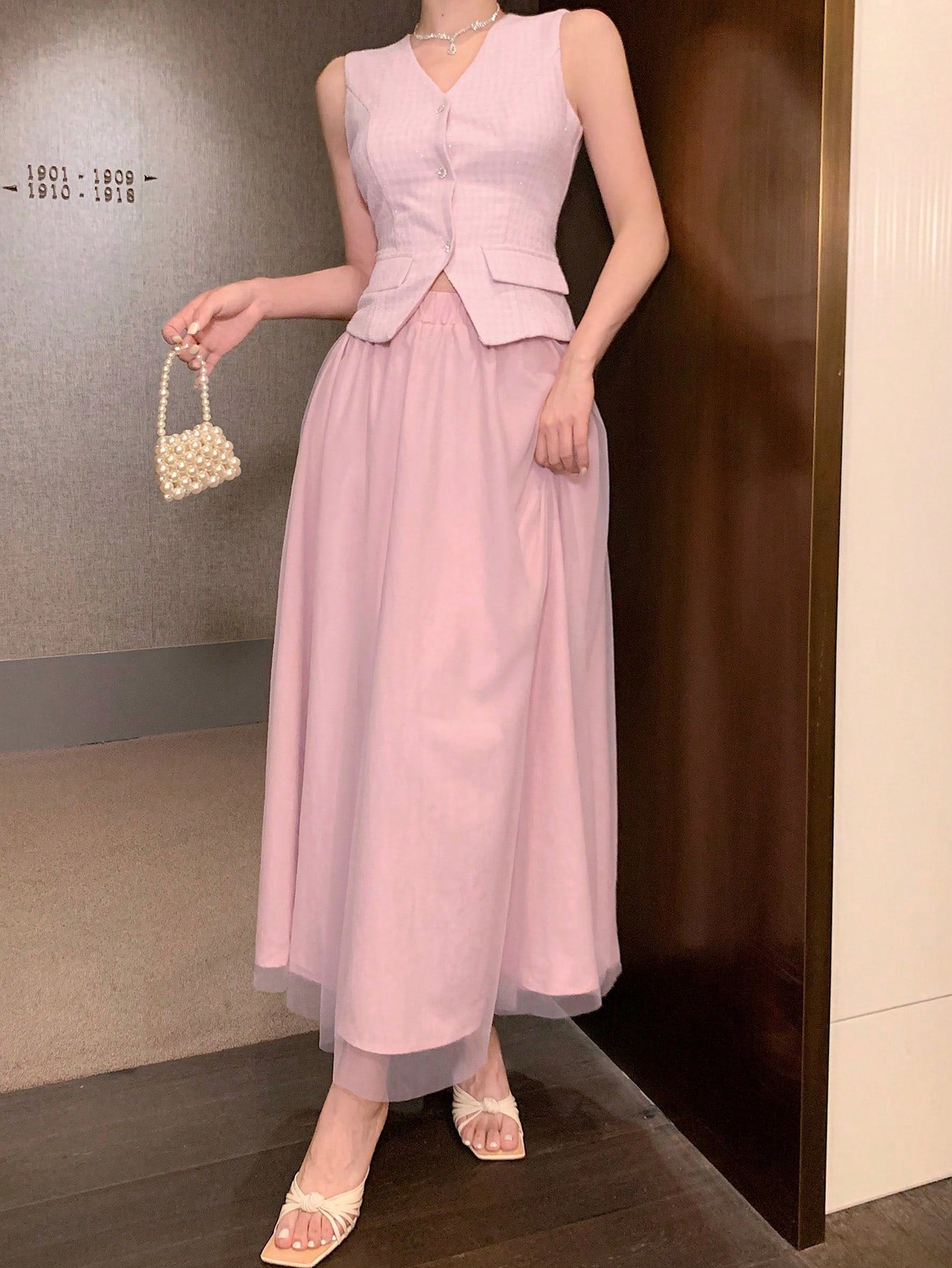 CM-SS459134 Women Elegant Seoul Style Plaid Fitted Vest With Mesh Patchwork Pencil Skirt - Set