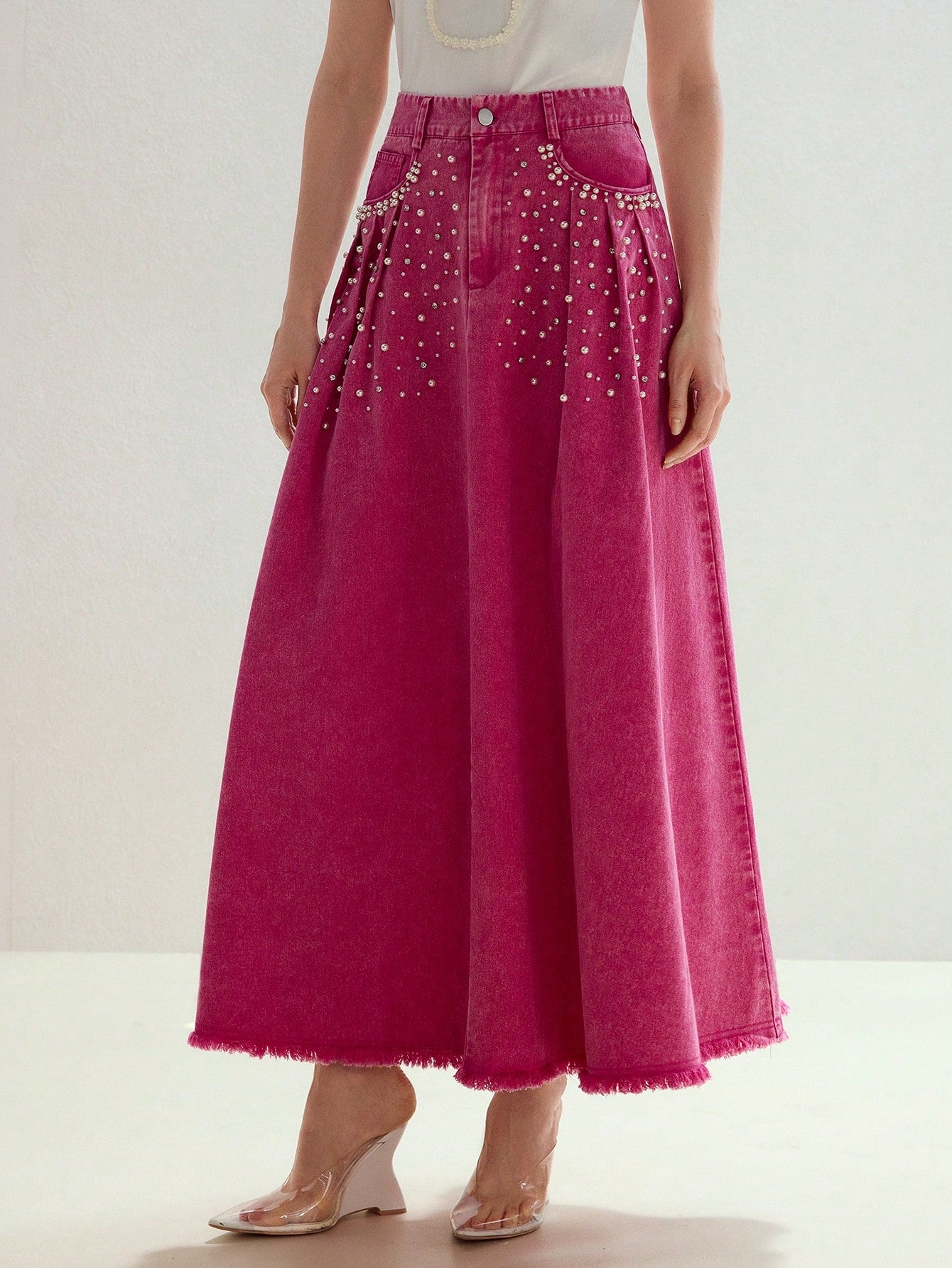 CM-BS894799 Women Elegant Seoul Style Faux Pearl Detail Mid Waist Slant Pocket Denim Skirt - Pink