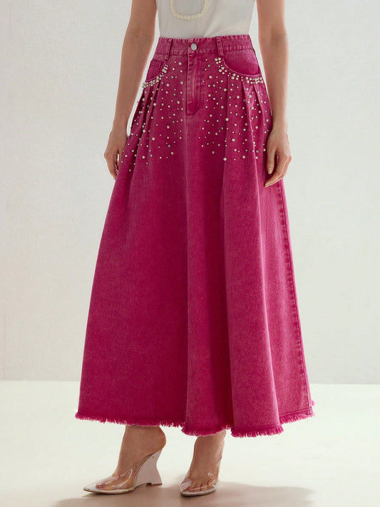 CM-BS894799 Women Elegant Seoul Style Faux Pearl Detail Mid Waist Slant Pocket Denim Skirt - Pink