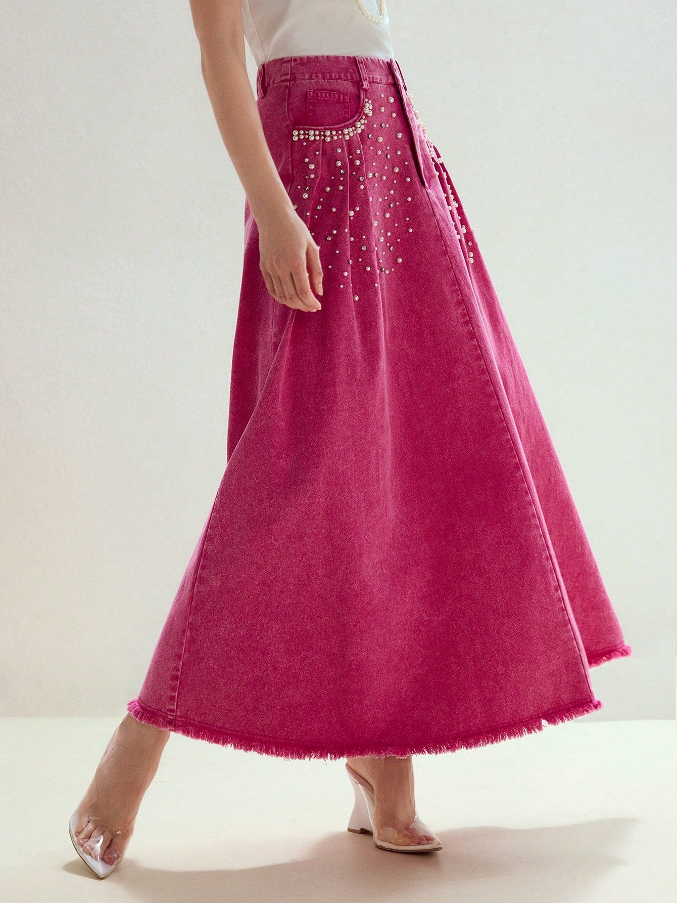 CM-BS894799 Women Elegant Seoul Style Faux Pearl Detail Mid Waist Slant Pocket Denim Skirt - Pink