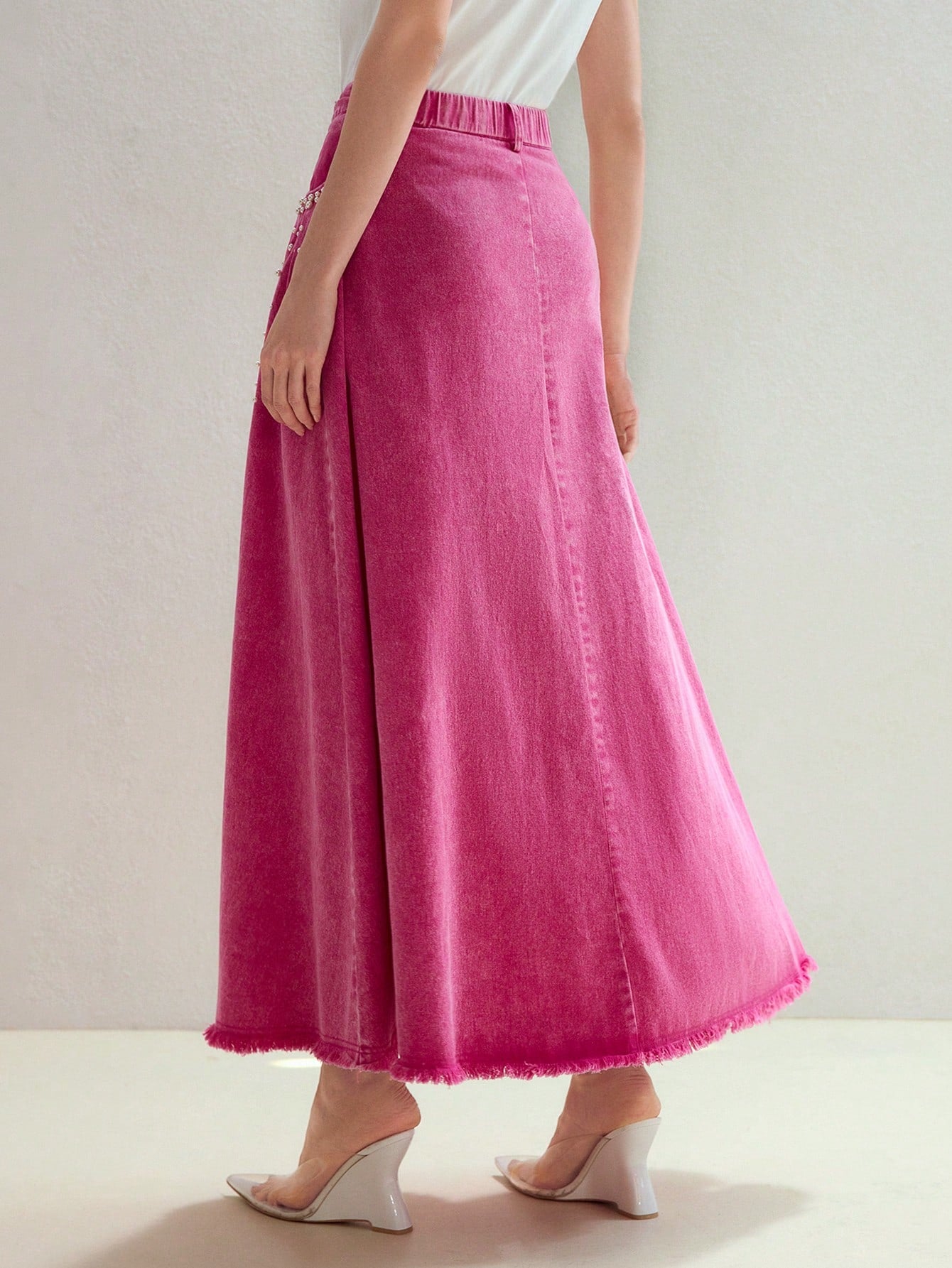 CM-BS894799 Women Elegant Seoul Style Faux Pearl Detail Mid Waist Slant Pocket Denim Skirt - Pink