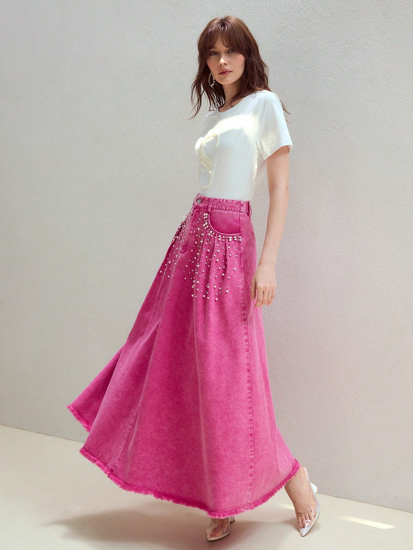 CM-BS894799 Women Elegant Seoul Style Faux Pearl Detail Mid Waist Slant Pocket Denim Skirt - Pink