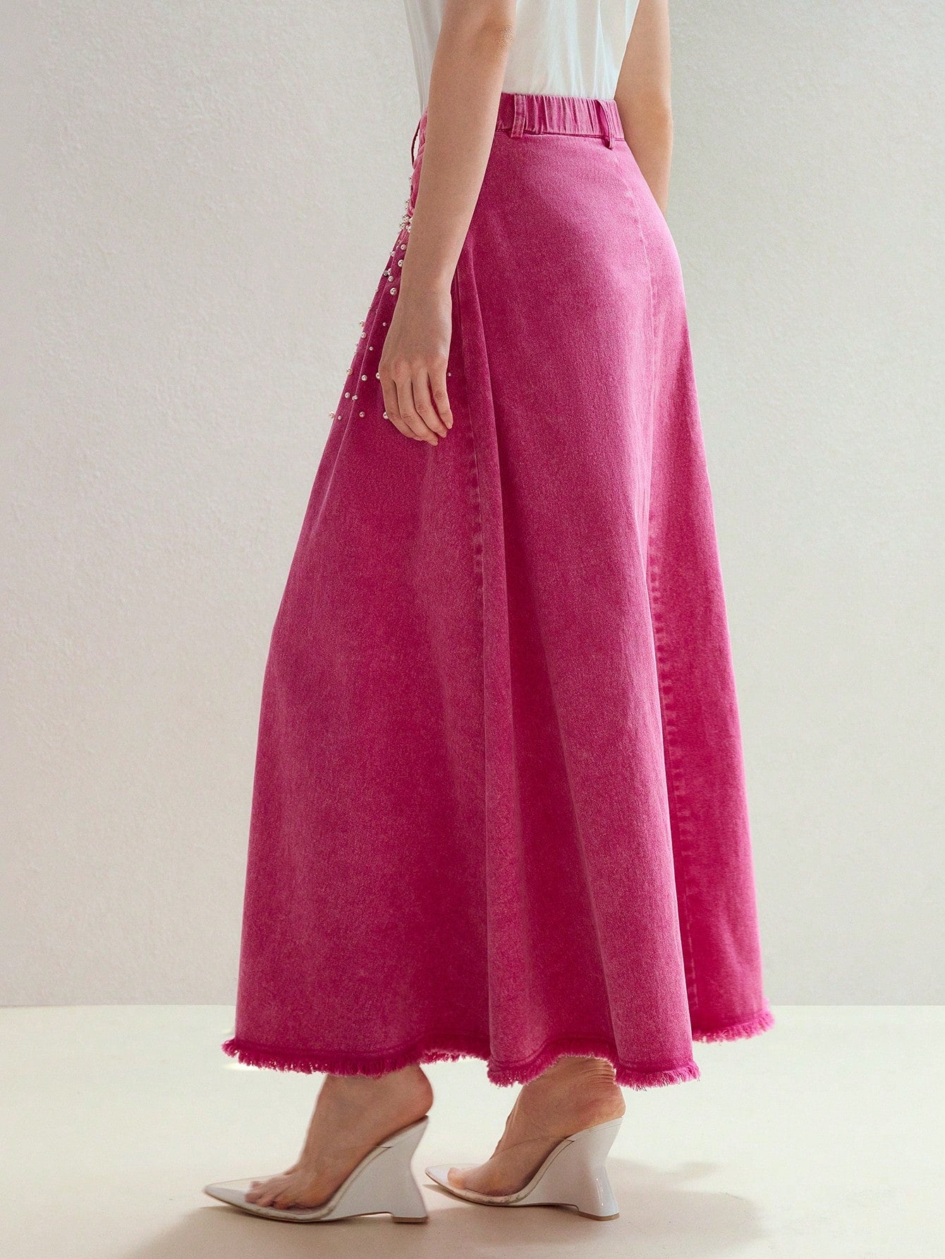 CM-BS894799 Women Elegant Seoul Style Faux Pearl Detail Mid Waist Slant Pocket Denim Skirt - Pink