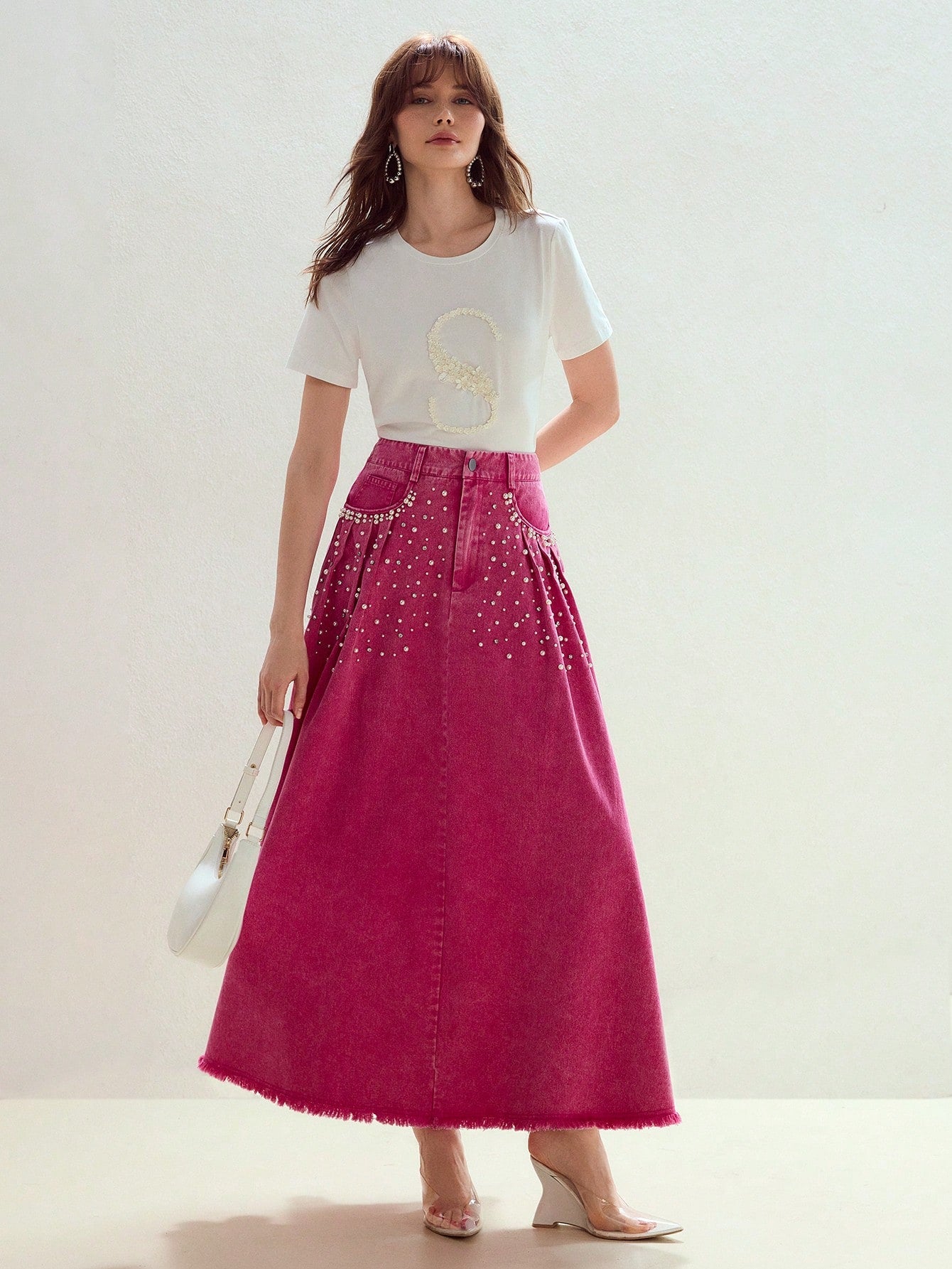 CM-BS894799 Women Elegant Seoul Style Faux Pearl Detail Mid Waist Slant Pocket Denim Skirt - Pink