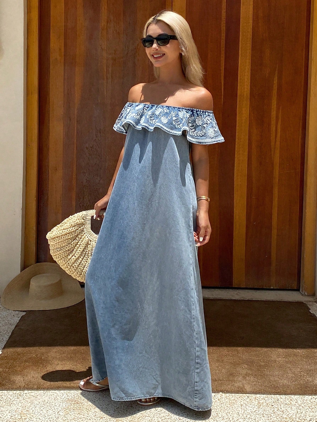 CM-DS677798 Women Trendy Bohemian Style Embroidered Off Shoulder Ruffle Maxi Denim Dress - Blue