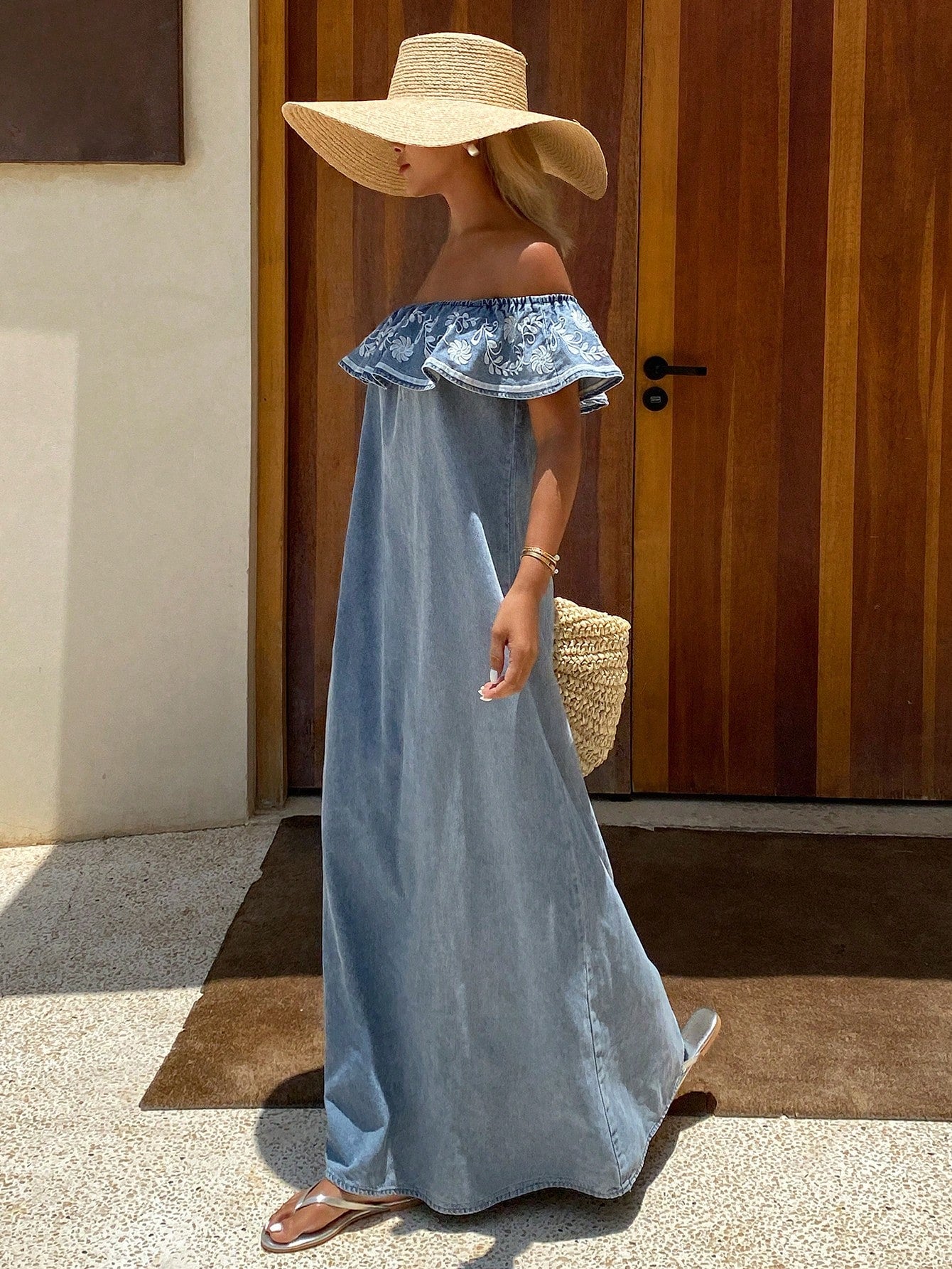 CM-DS677798 Women Trendy Bohemian Style Embroidered Off Shoulder Ruffle Maxi Denim Dress - Blue