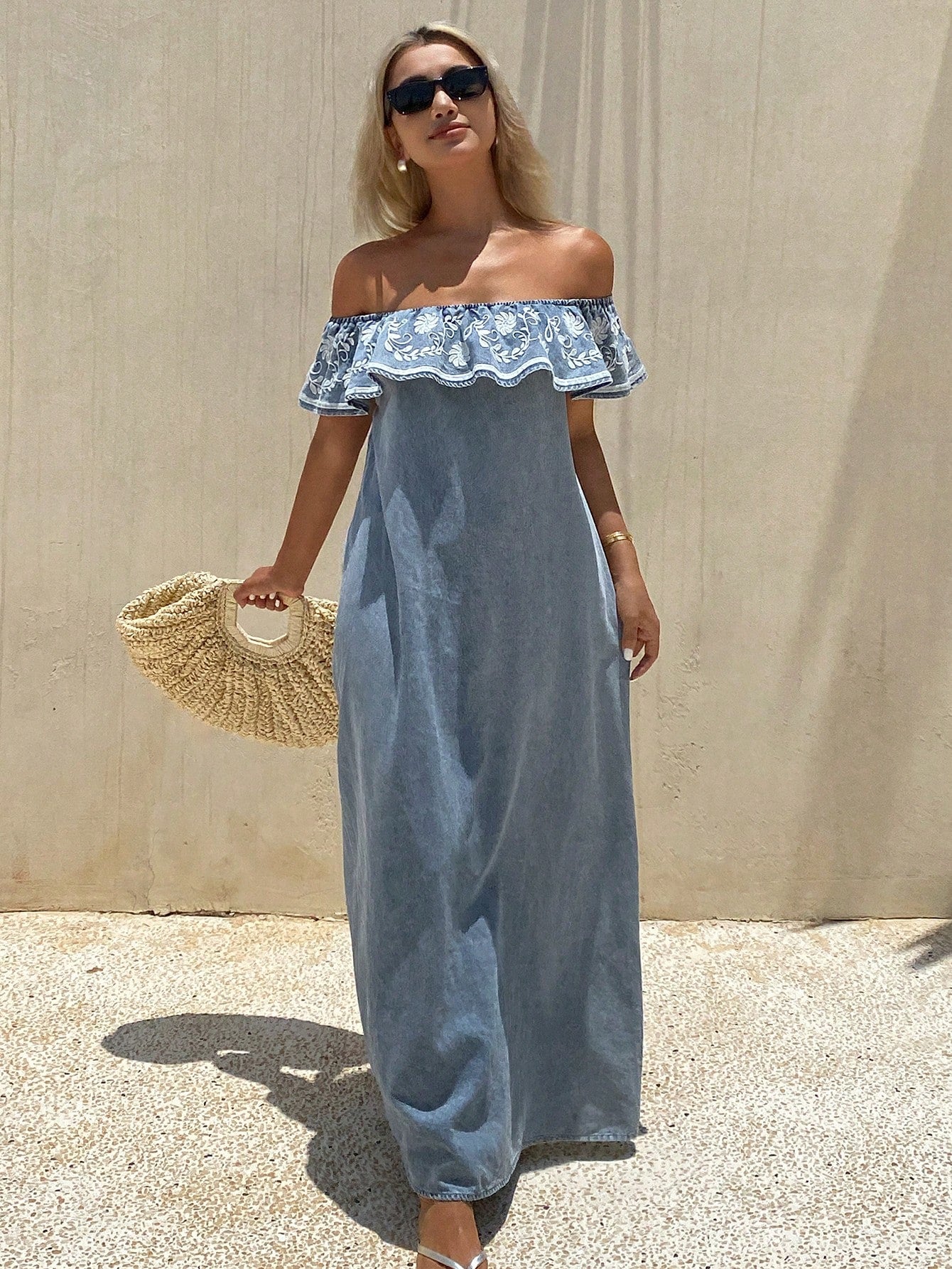 CM-DS677798 Women Trendy Bohemian Style Embroidered Off Shoulder Ruffle Maxi Denim Dress - Blue