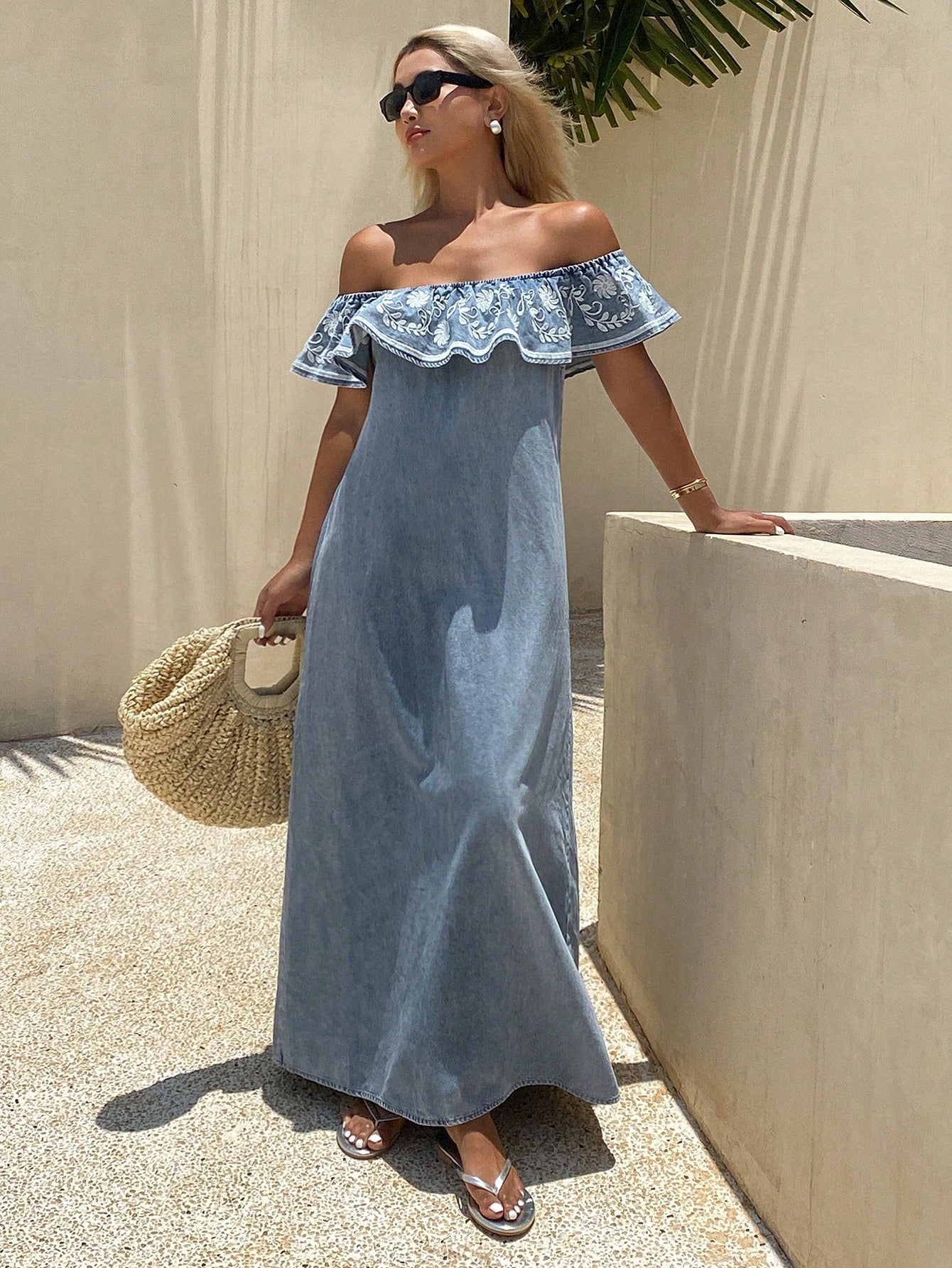 CM-DS677798 Women Trendy Bohemian Style Embroidered Off Shoulder Ruffle Maxi Denim Dress - Blue