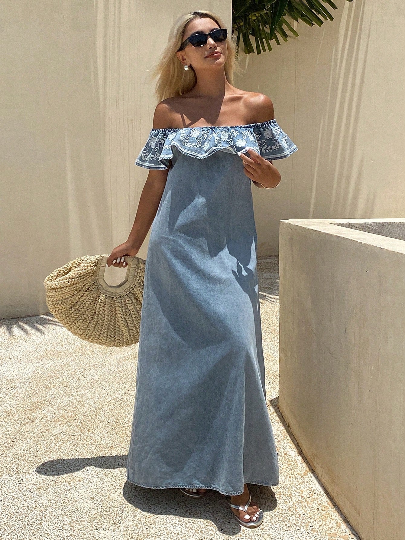 CM-DS677798 Women Trendy Bohemian Style Embroidered Off Shoulder Ruffle Maxi Denim Dress - Blue