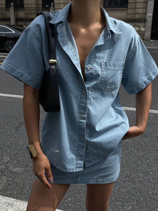 CM-SS367777 Women Casual Seoul Style Light Wash Square Collar Short Sleeve Cardigan With Denim Mini Skirt - Set