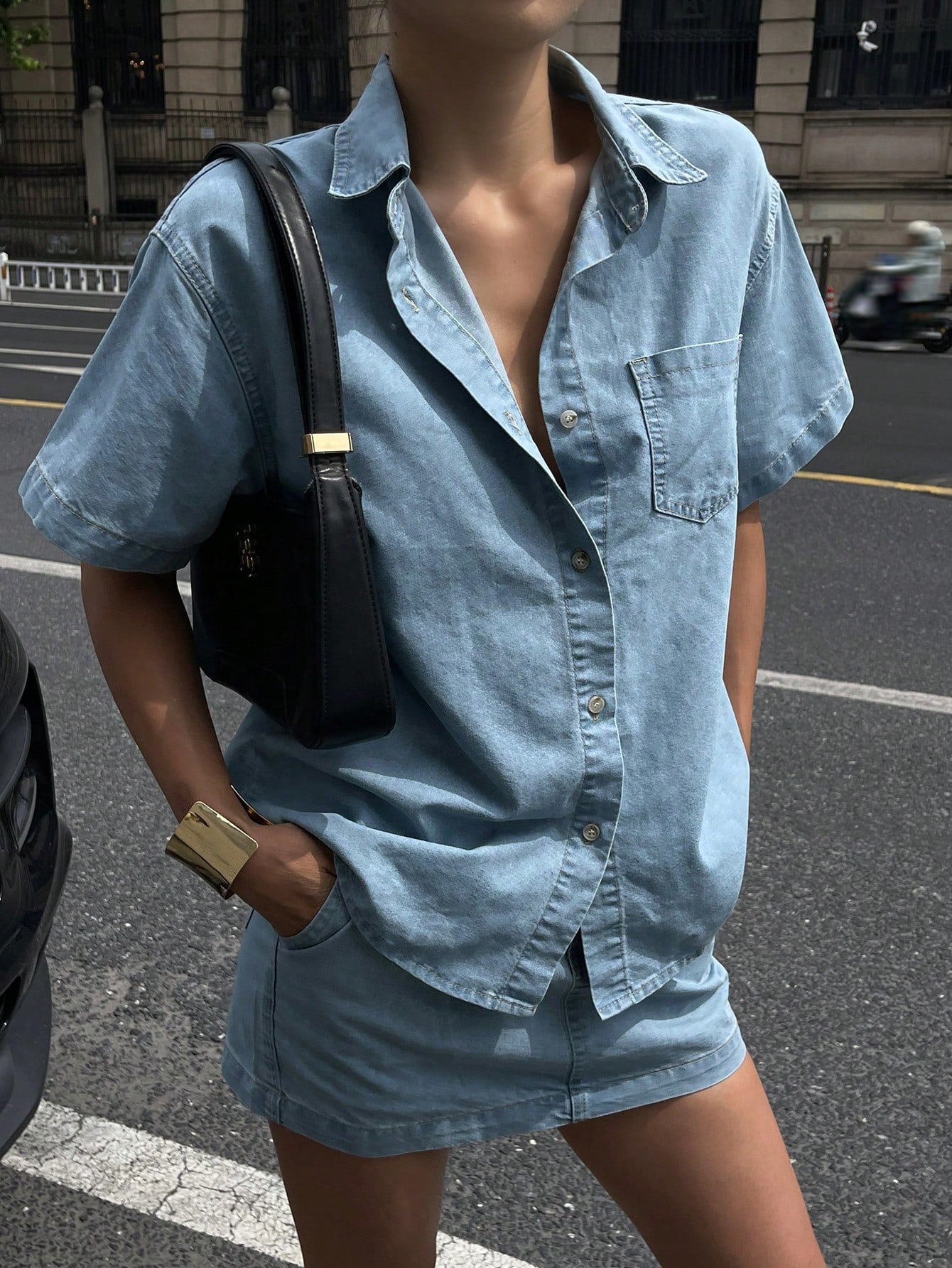 CM-SS367777 Women Casual Seoul Style Light Wash Square Collar Short Sleeve Cardigan With Denim Mini Skirt - Set