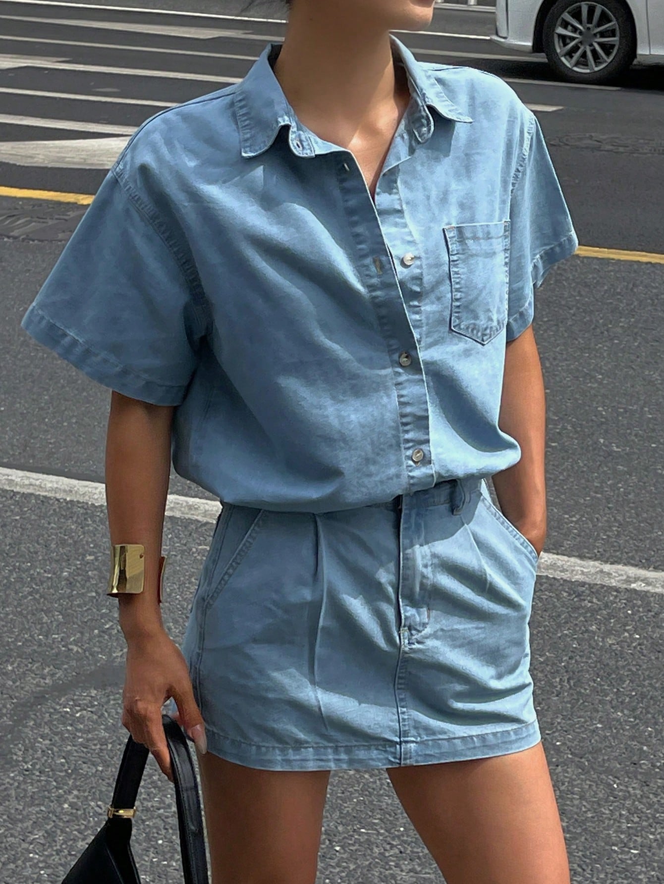 CM-SS367777 Women Casual Seoul Style Light Wash Square Collar Short Sleeve Cardigan With Denim Mini Skirt - Set
