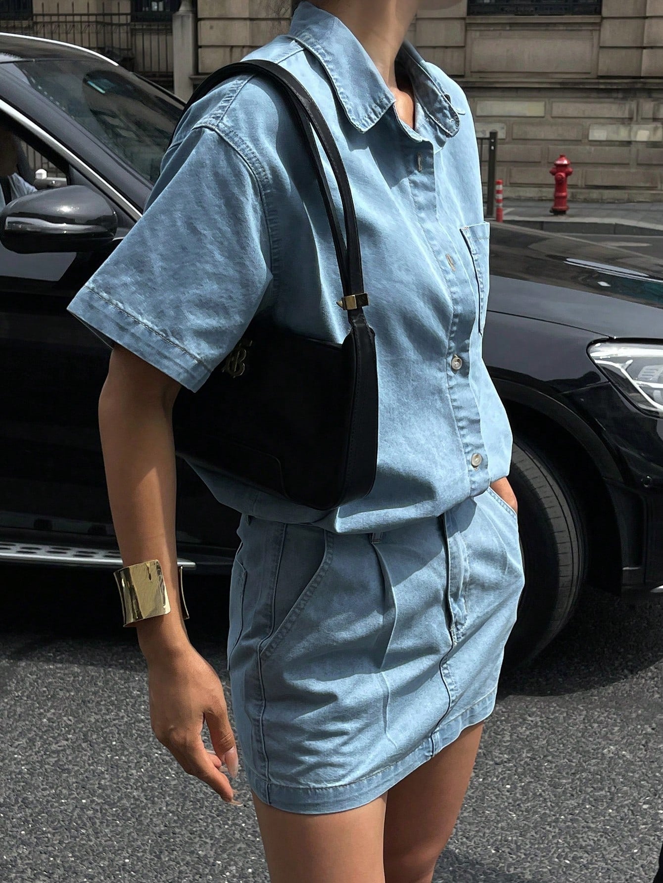 CM-SS367777 Women Casual Seoul Style Light Wash Square Collar Short Sleeve Cardigan With Denim Mini Skirt - Set