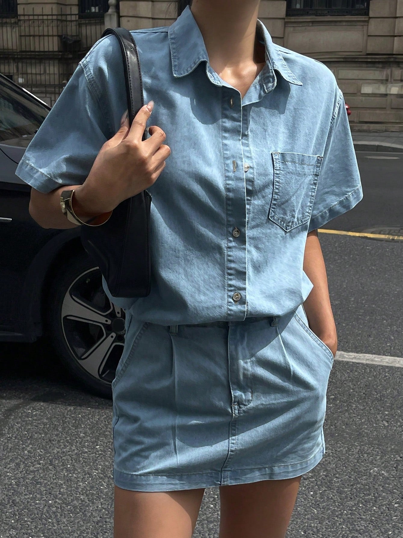 CM-SS367777 Women Casual Seoul Style Light Wash Square Collar Short Sleeve Cardigan With Denim Mini Skirt - Set