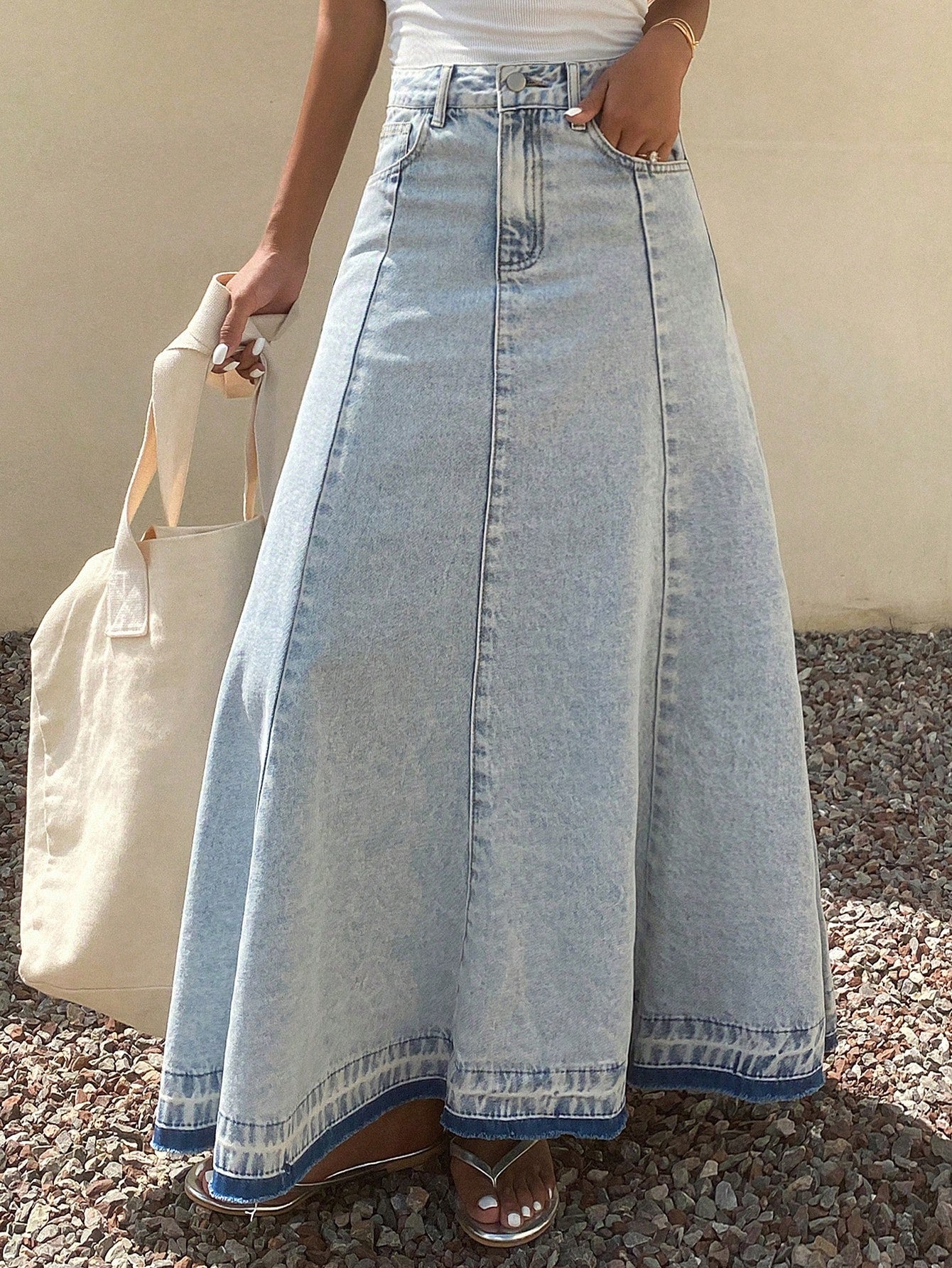 CM-BS060884 Women Casual Seoul Style Light Wash Fringe Patchwork Maxi Denim A-Line Skirt