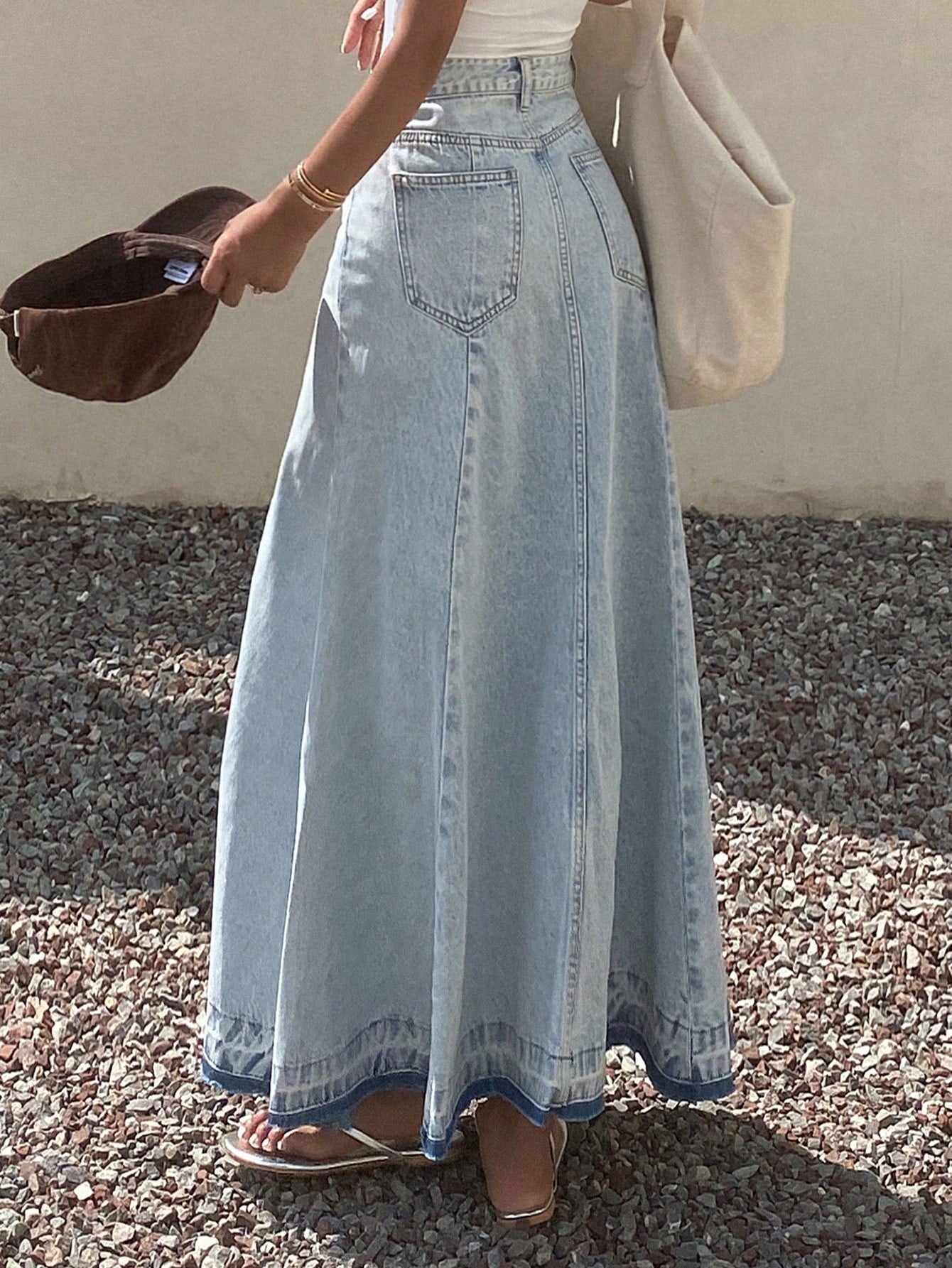 CM-BS060884 Women Casual Seoul Style Light Wash Fringe Patchwork Maxi Denim A-Line Skirt