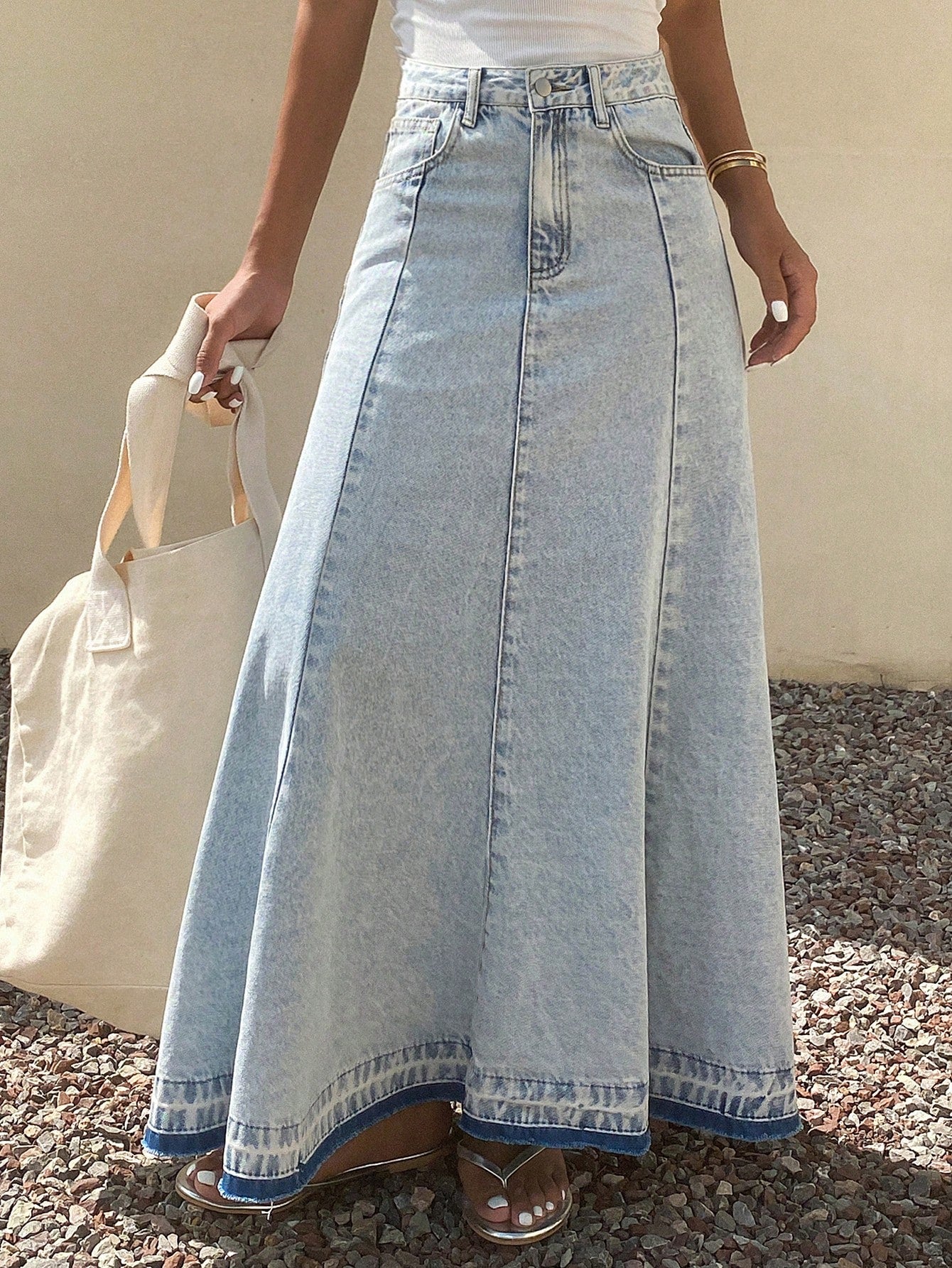 CM-BS060884 Women Casual Seoul Style Light Wash Fringe Patchwork Maxi Denim A-Line Skirt