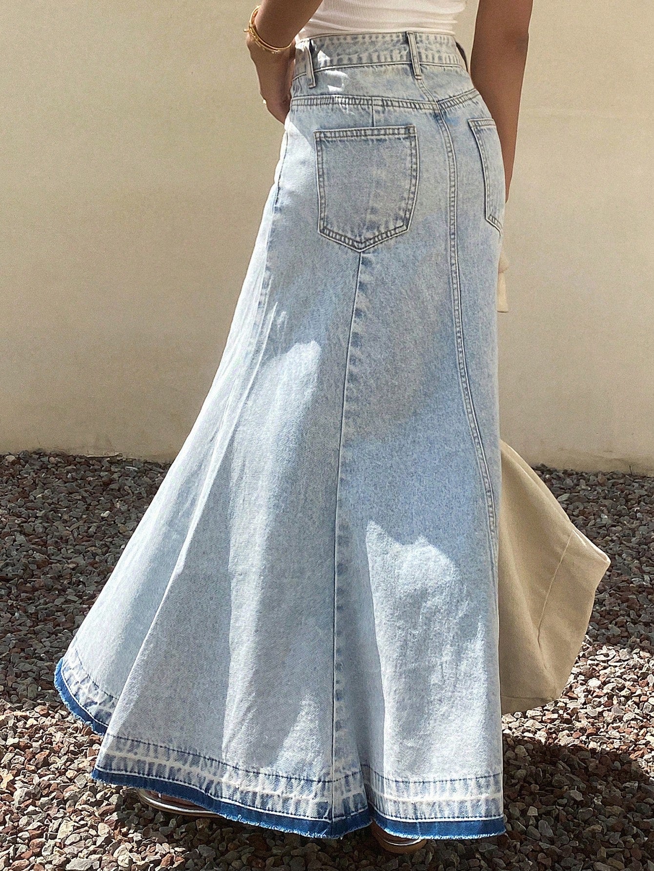 CM-BS060884 Women Casual Seoul Style Light Wash Fringe Patchwork Maxi Denim A-Line Skirt