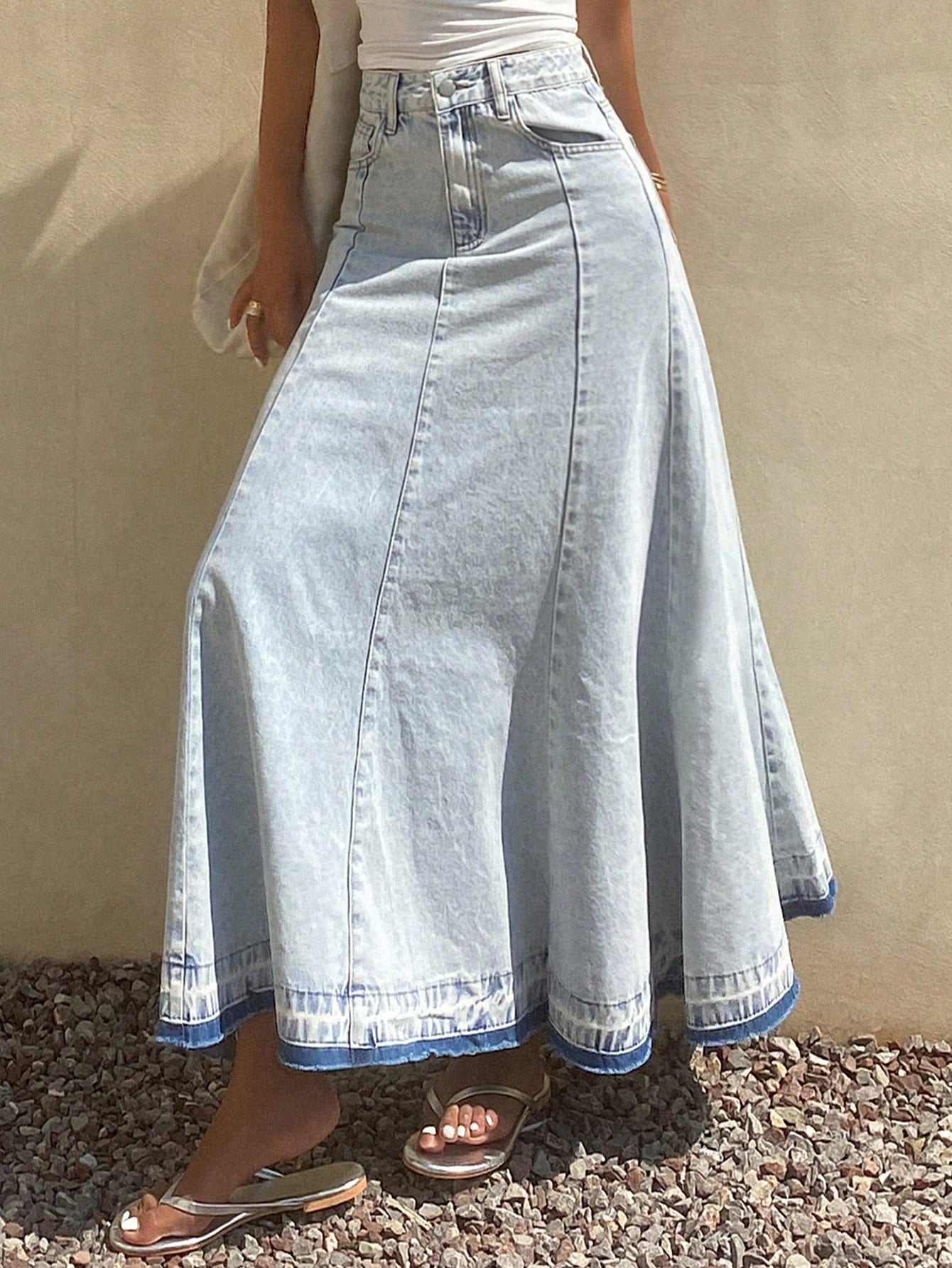 CM-BS060884 Women Casual Seoul Style Light Wash Fringe Patchwork Maxi Denim A-Line Skirt
