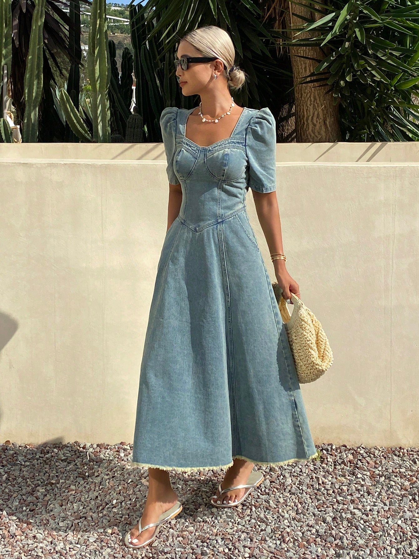 CM-DS967004 Women Casual Seoul Style Medium Wash Square Neck Lantern Sleeve Fringed Denim Dress