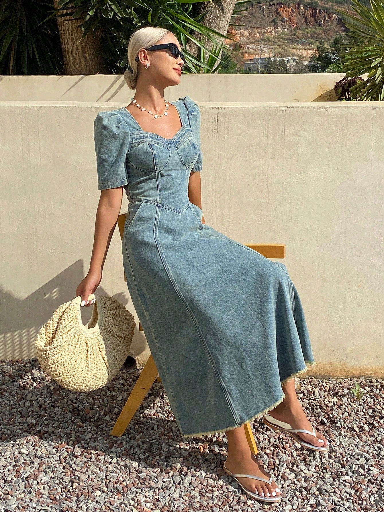 CM-DS967004 Women Casual Seoul Style Medium Wash Square Neck Lantern Sleeve Fringed Denim Dress