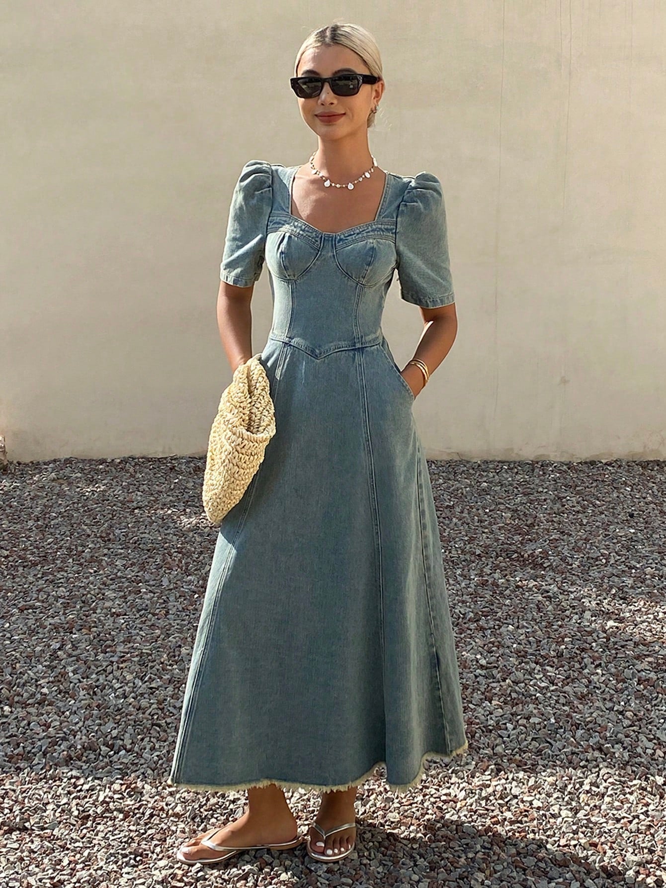CM-DS967004 Women Casual Seoul Style Medium Wash Square Neck Lantern Sleeve Fringed Denim Dress