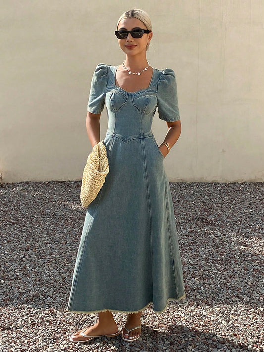 CM-DS967004 Women Casual Seoul Style Medium Wash Square Neck Lantern Sleeve Fringed Denim Dress