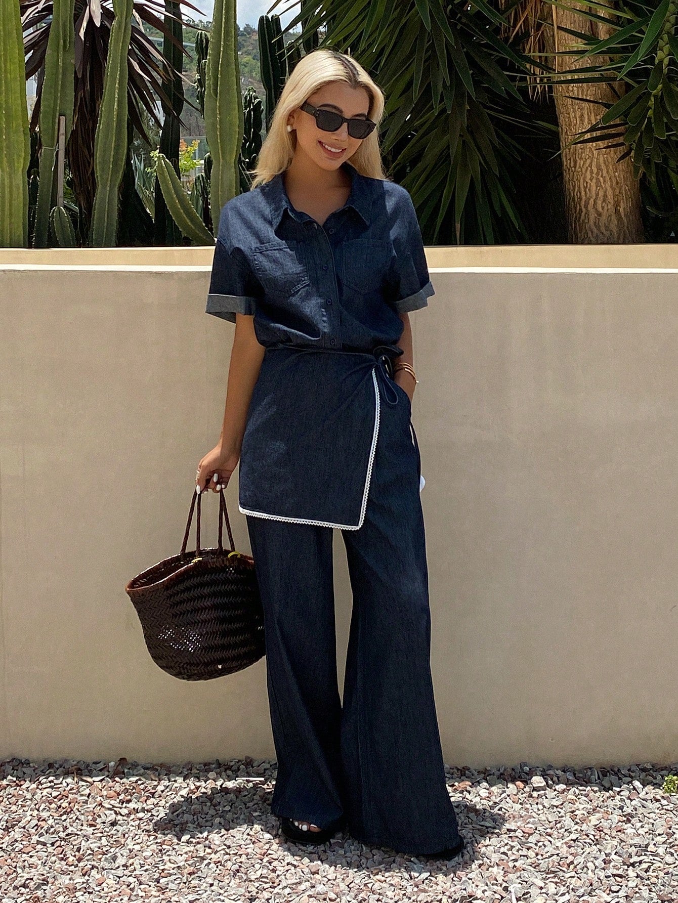 CM-SS840560 Women Casual Seoul Style Turn-Down Collar Short Sleeve Denim Shirt With Loose Pants And Wrap-Around Skirt - Set