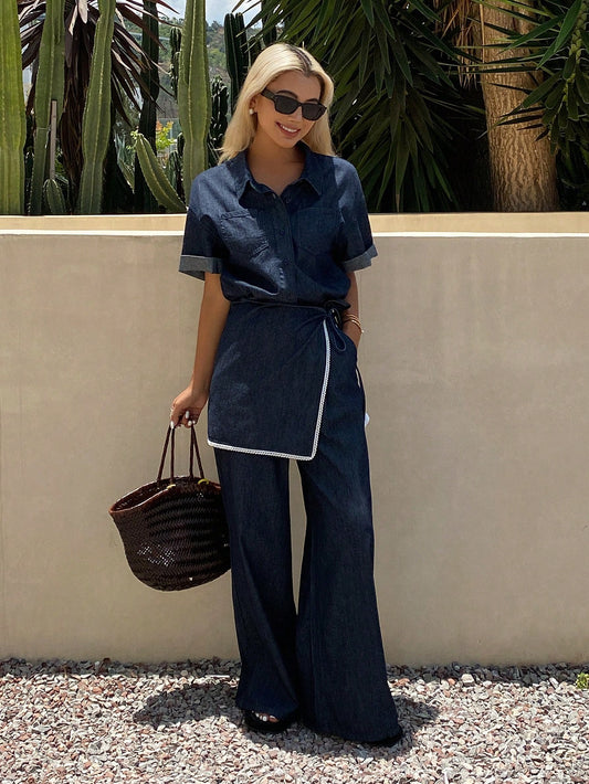 CM-SS840560 Women Casual Seoul Style Turn-Down Collar Short Sleeve Denim Shirt With Loose Pants And Wrap-Around Skirt - Set