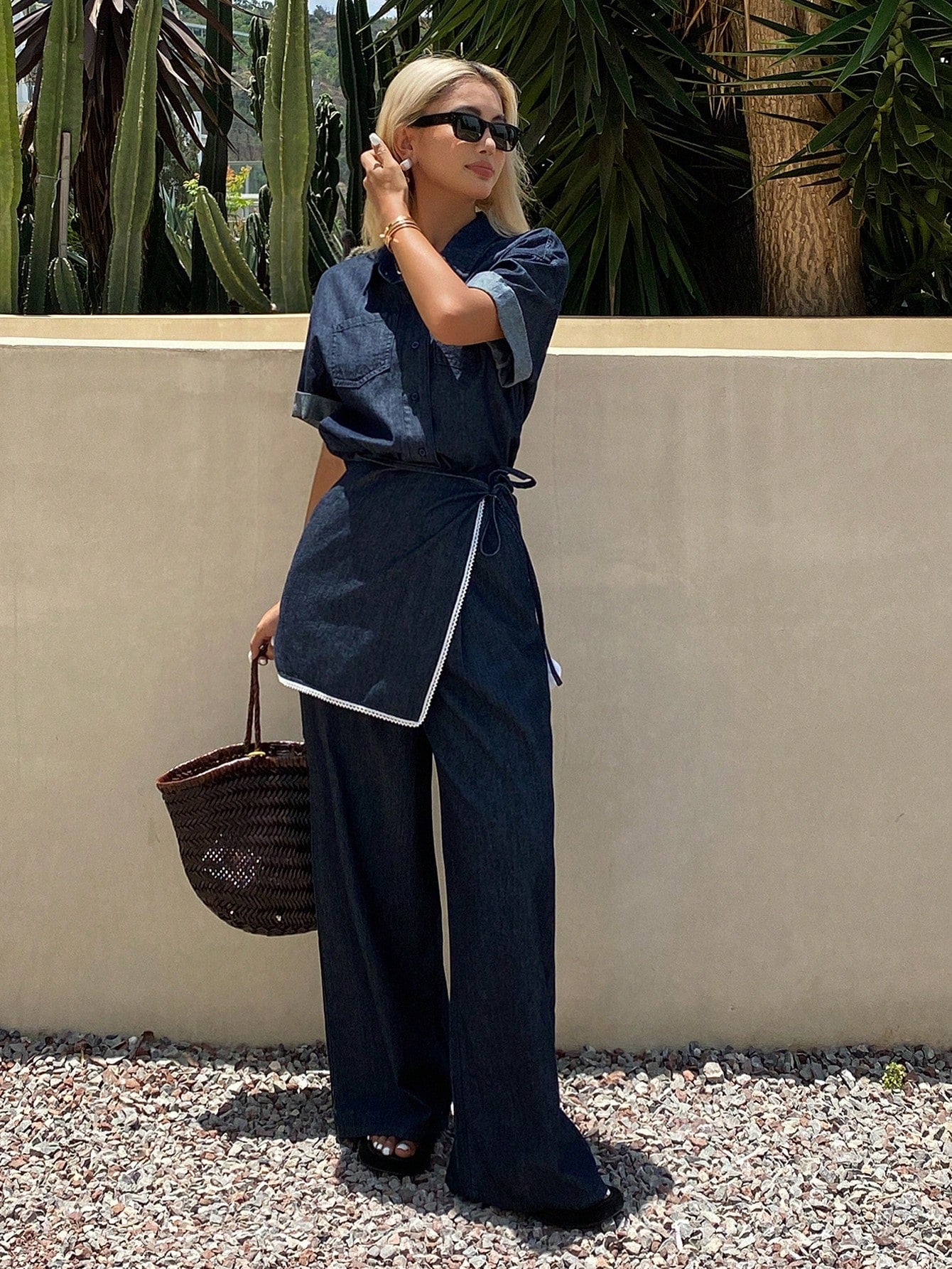 CM-SS840560 Women Casual Seoul Style Turn-Down Collar Short Sleeve Denim Shirt With Loose Pants And Wrap-Around Skirt - Set