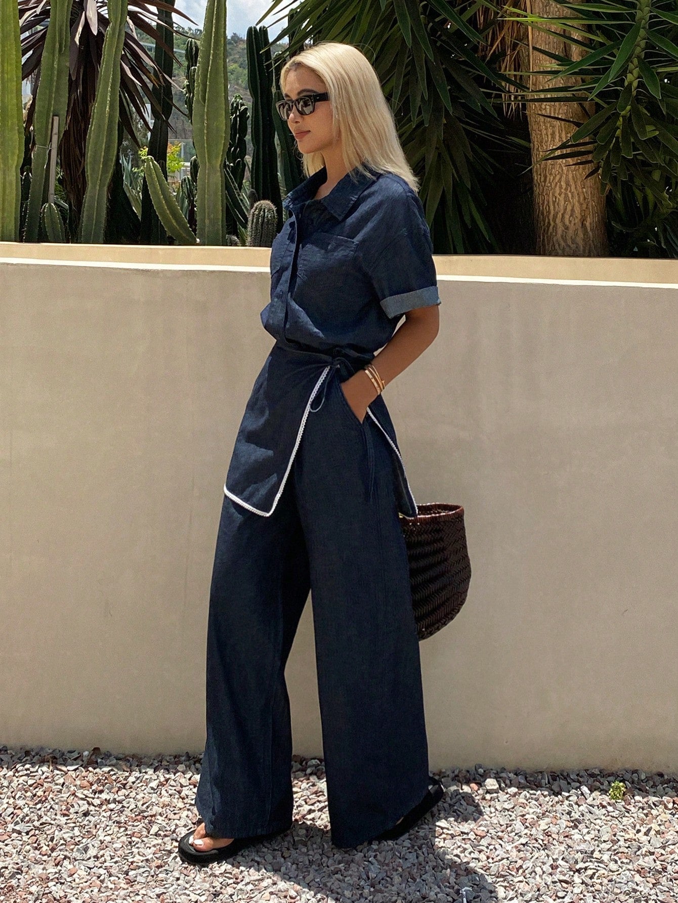 CM-SS840560 Women Casual Seoul Style Turn-Down Collar Short Sleeve Denim Shirt With Loose Pants And Wrap-Around Skirt - Set