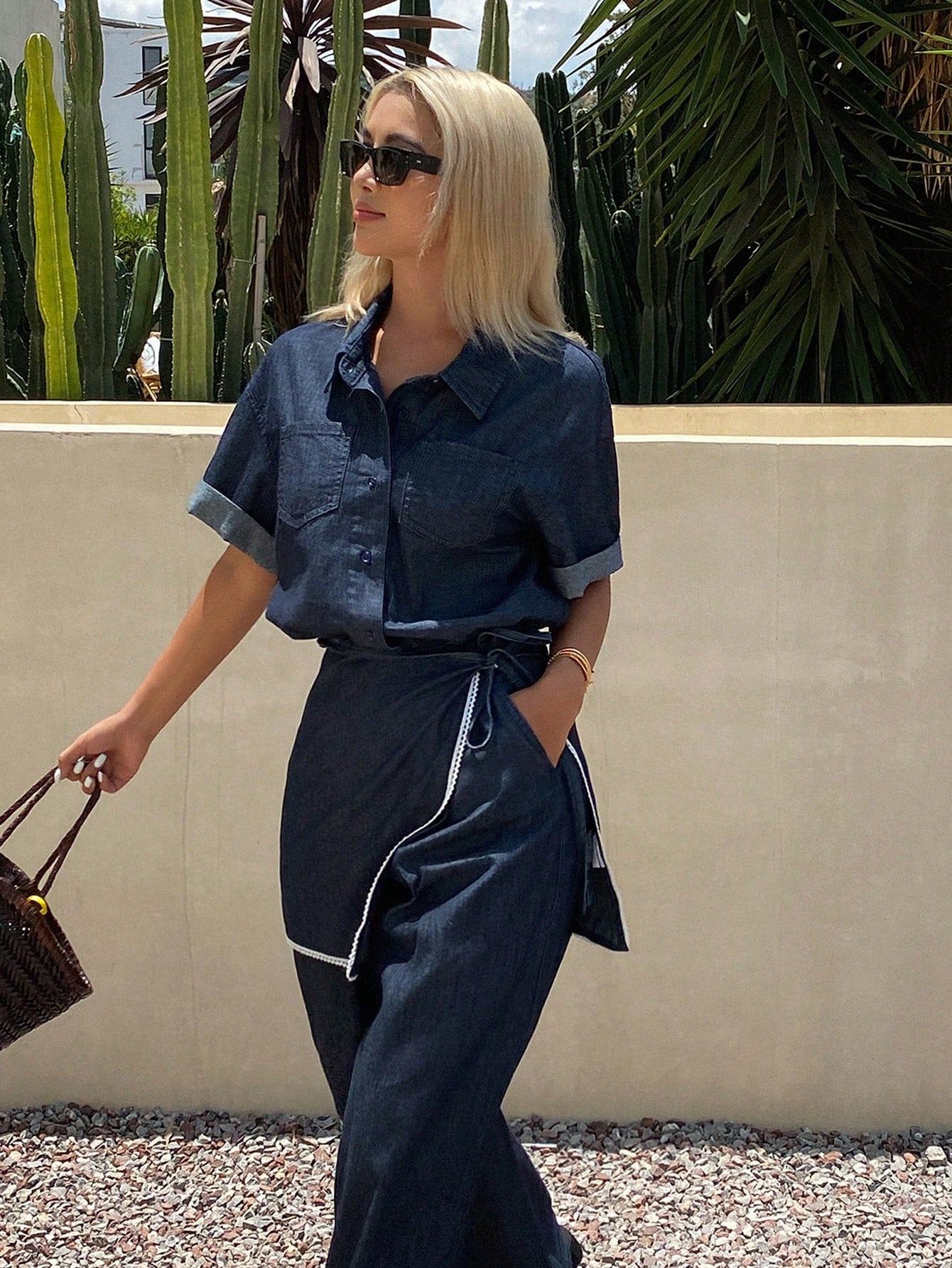 CM-SS840560 Women Casual Seoul Style Turn-Down Collar Short Sleeve Denim Shirt With Loose Pants And Wrap-Around Skirt - Set